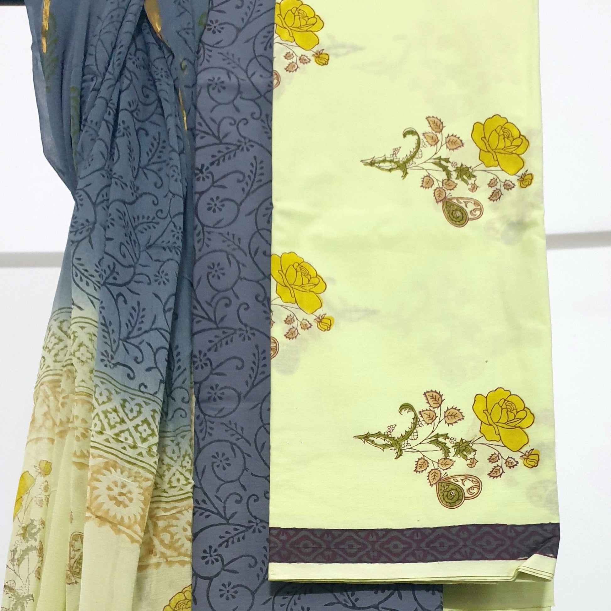 Cotton Block Print Dress Material with Zari Border Chiffon Dupatta