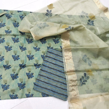 Cotton Block Print Salwar Suit with Organza Dupatta