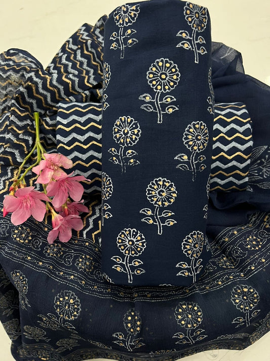 Cotton Block Print Dress Material with Chiffon Dupatta