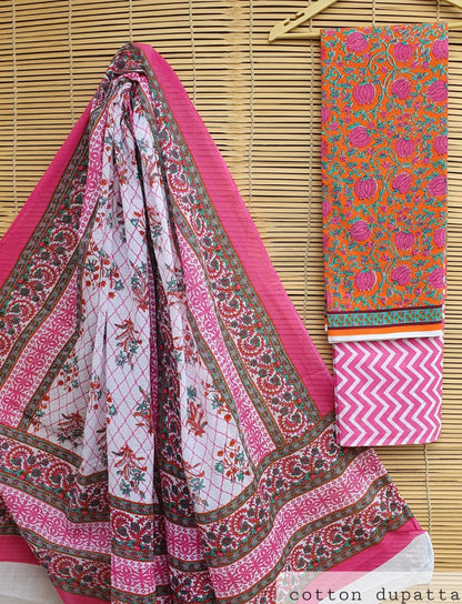Cotton Block Printed Dress Material with Cotton Dupatta