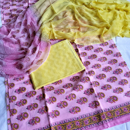 Cotton Hand Block Print Dress Material with Chiffon Dupatta