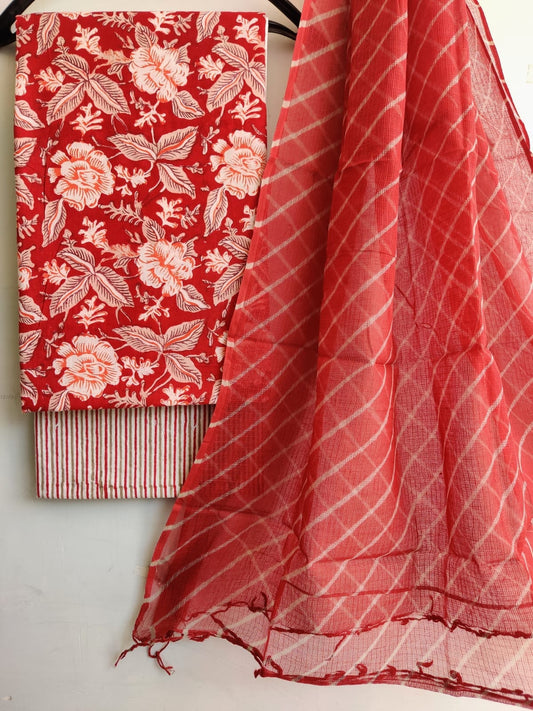 Cotton Hand Block Printed Dress Material with LEHARIYA Kota Doriya Dupatta