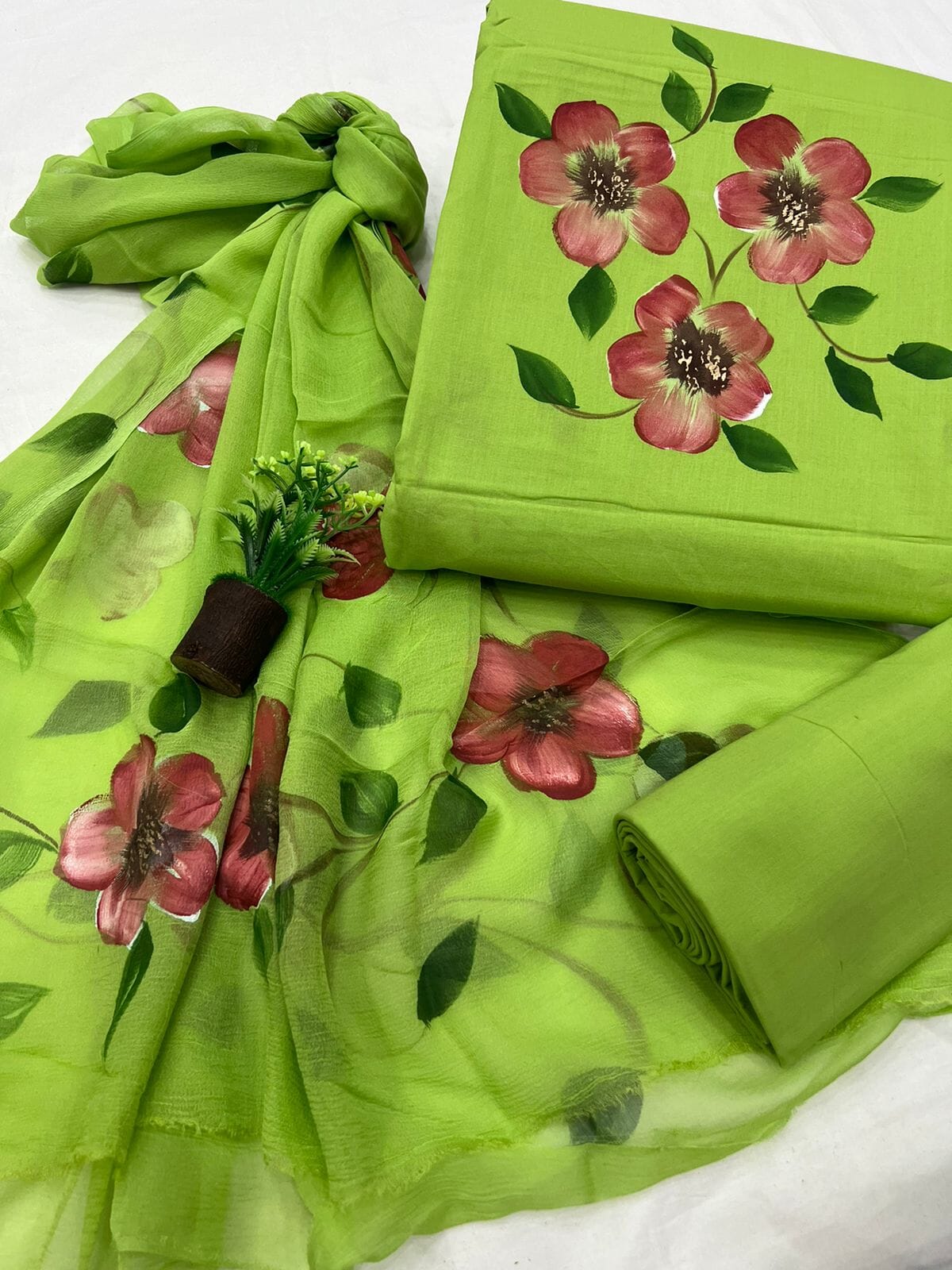 Cotton Hand Painted Dress Material with Chiffon Dupatta