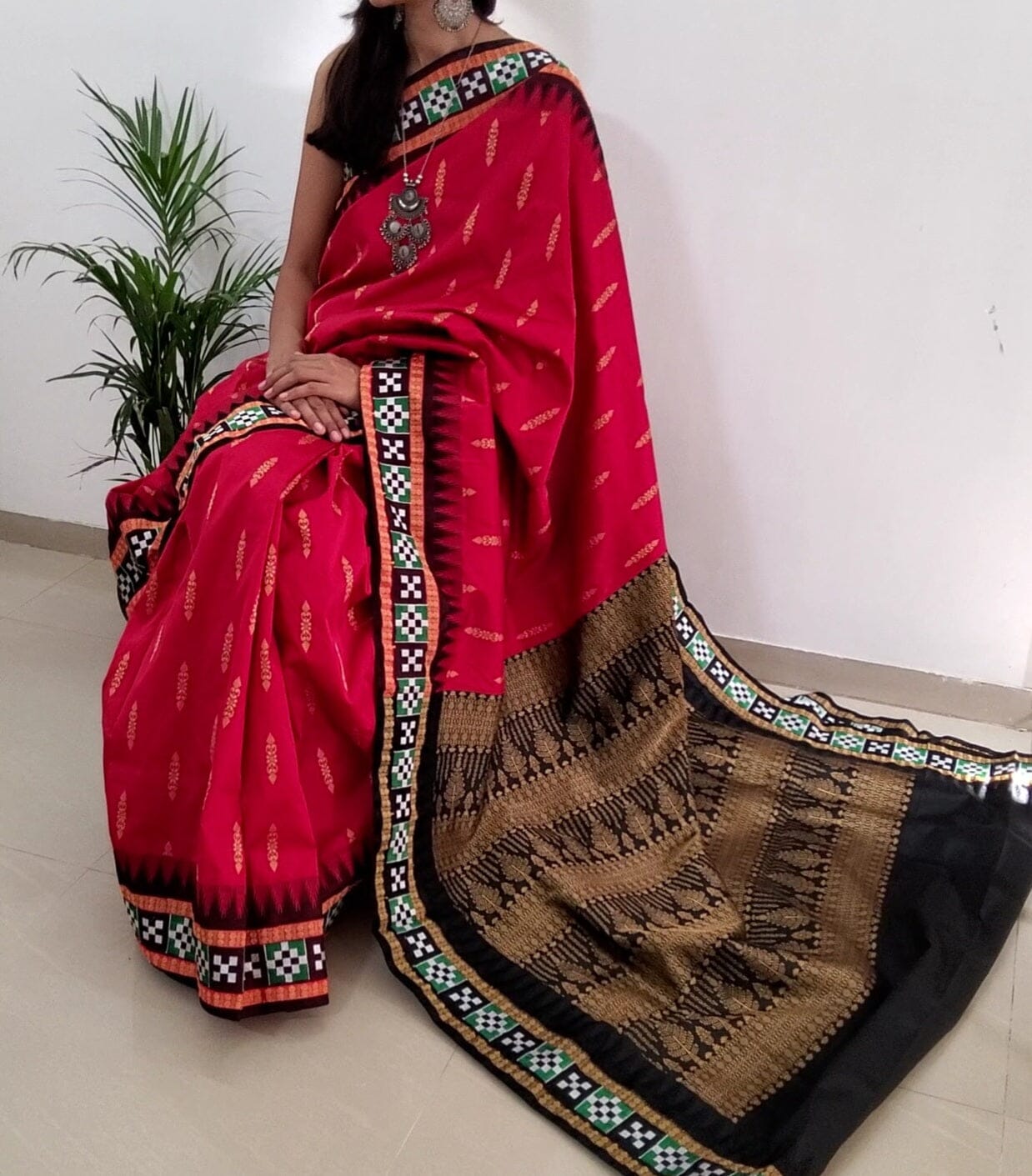 Deep Red Sambalpuri Pata Silk saree