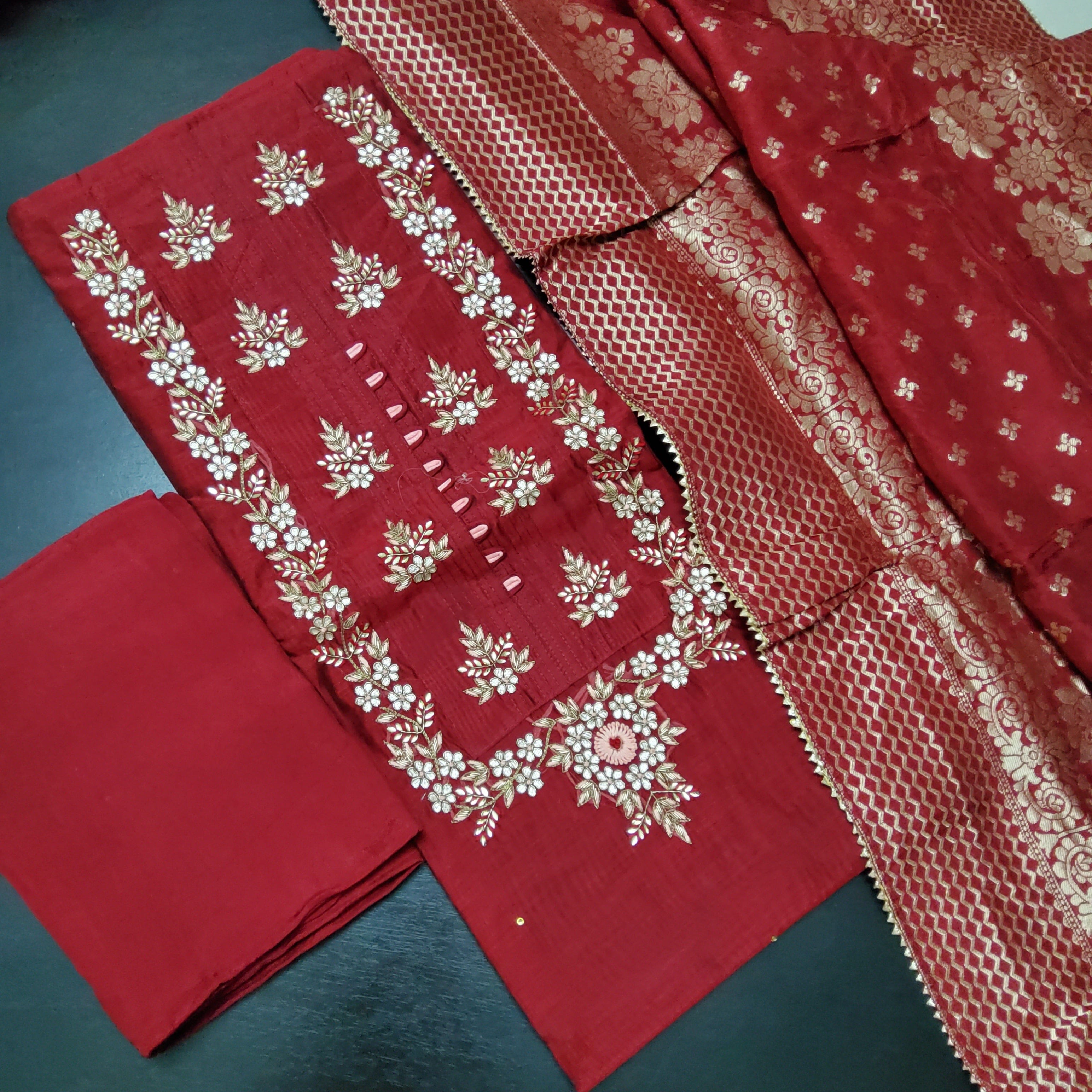 Banarasi Pure Chanderi Silk Unstitched Salwar Suit Fabric - White and –  Phulari