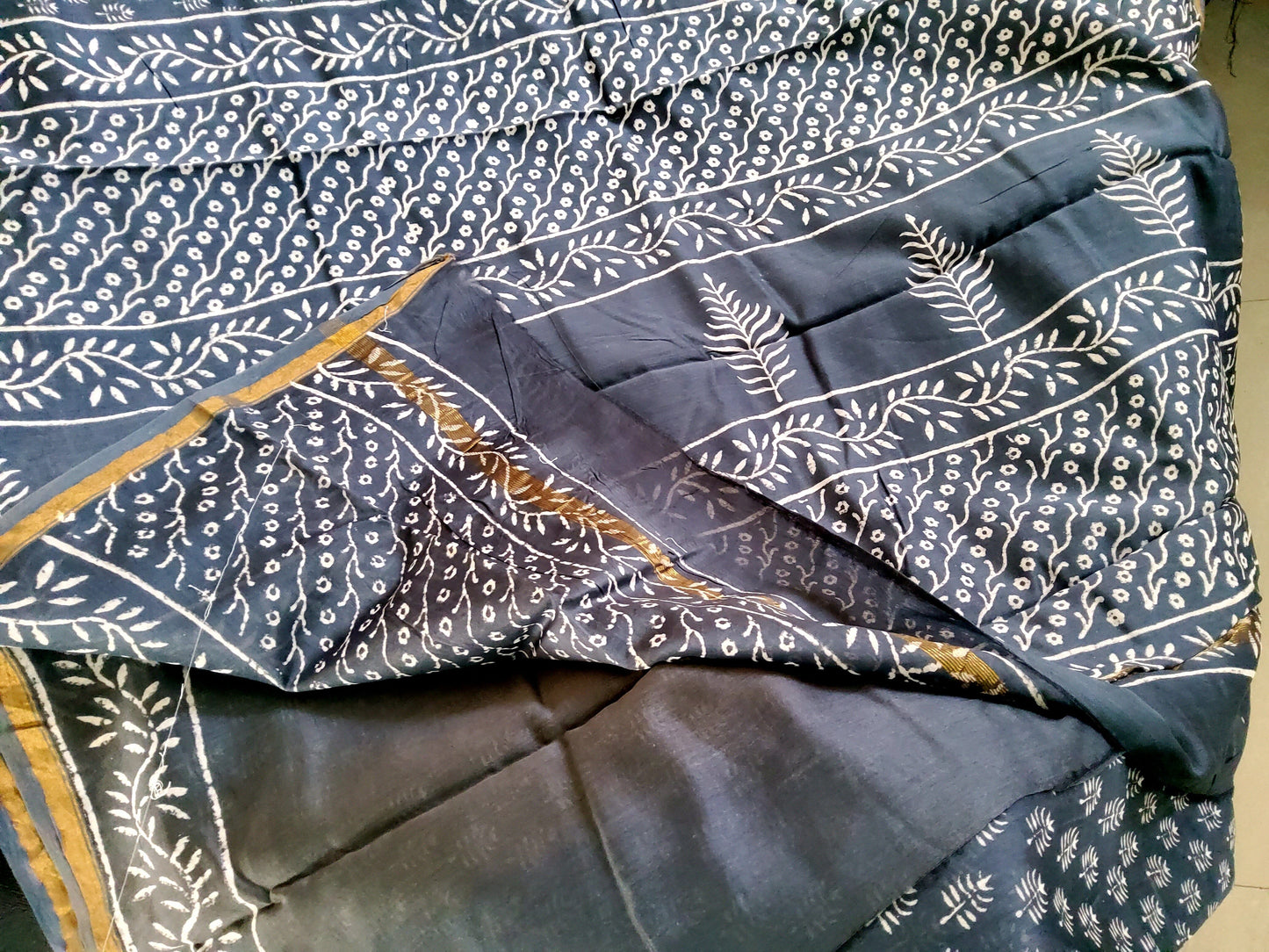 Grey Chanderi Silk Cotton Hand block printed Saree