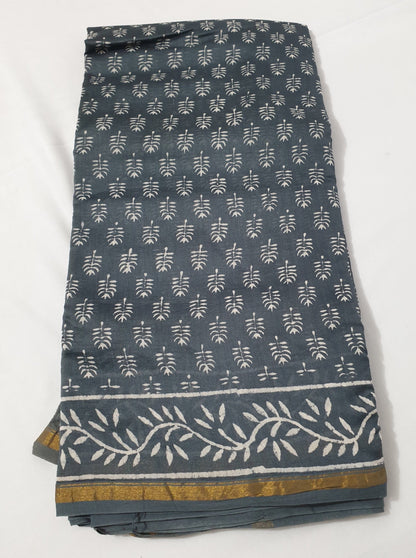 Grey Chanderi Silk Cotton Hand block printed Saree