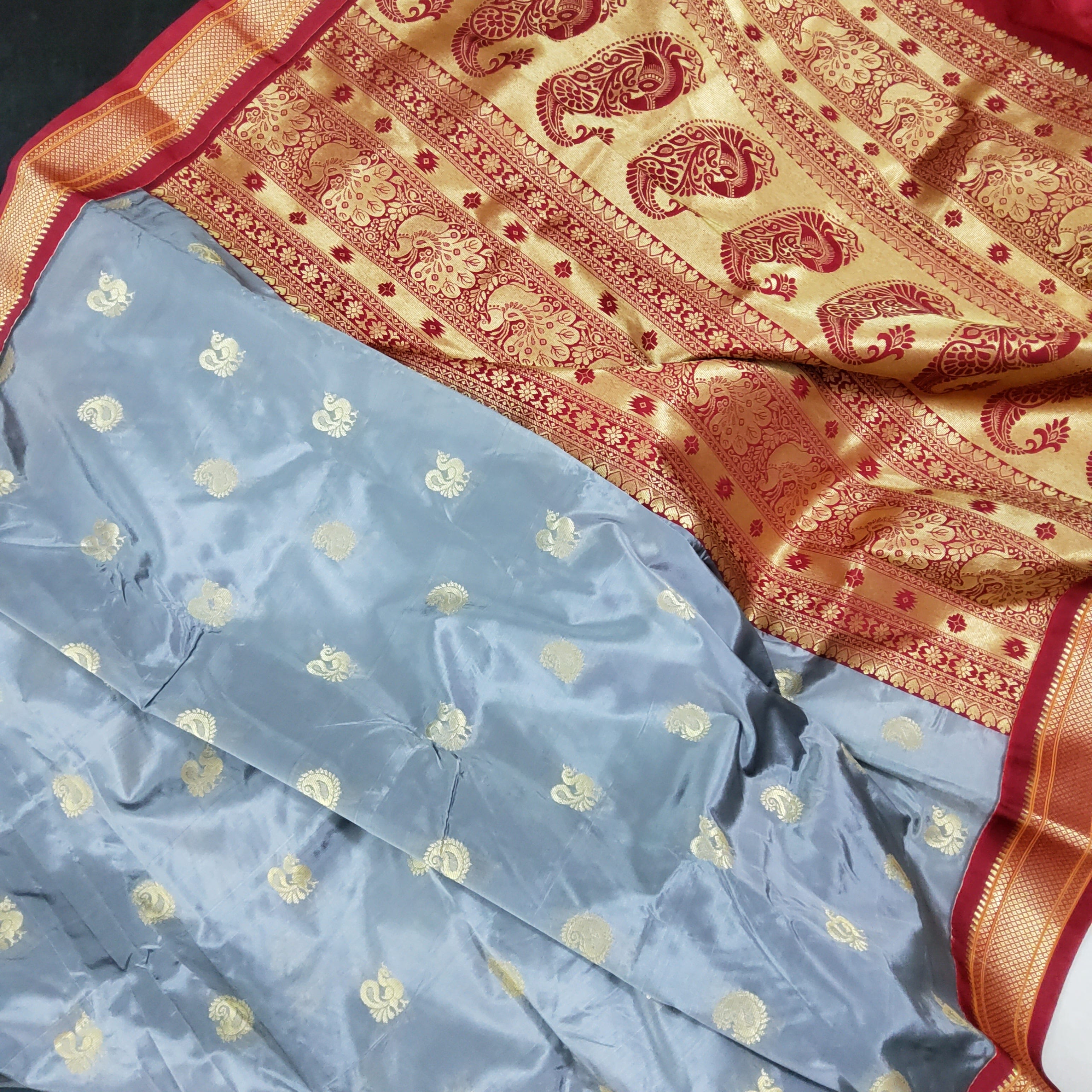 Banarasee Pure Chiffon Silk Saree With Antique Zari Work & Contrast Bl