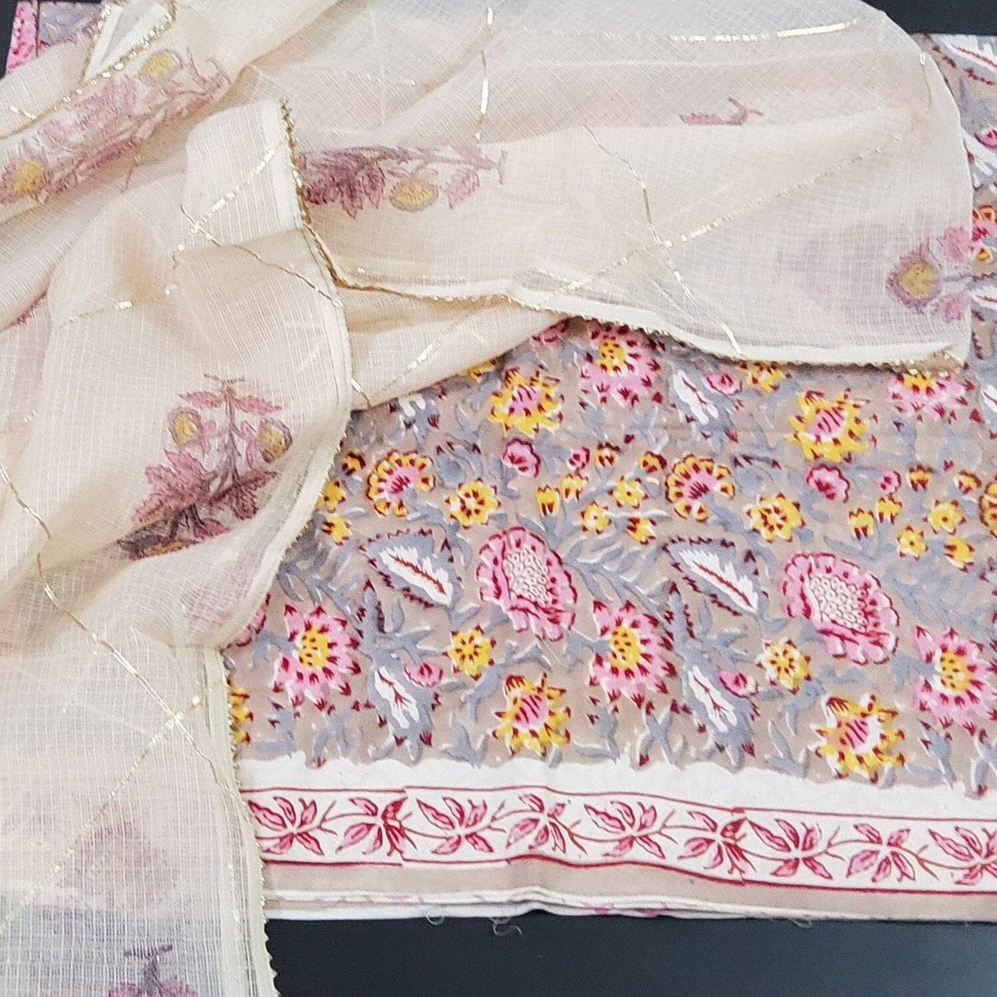 Bagru Printed Cotton Dress Material with Kota Doriya dupatta