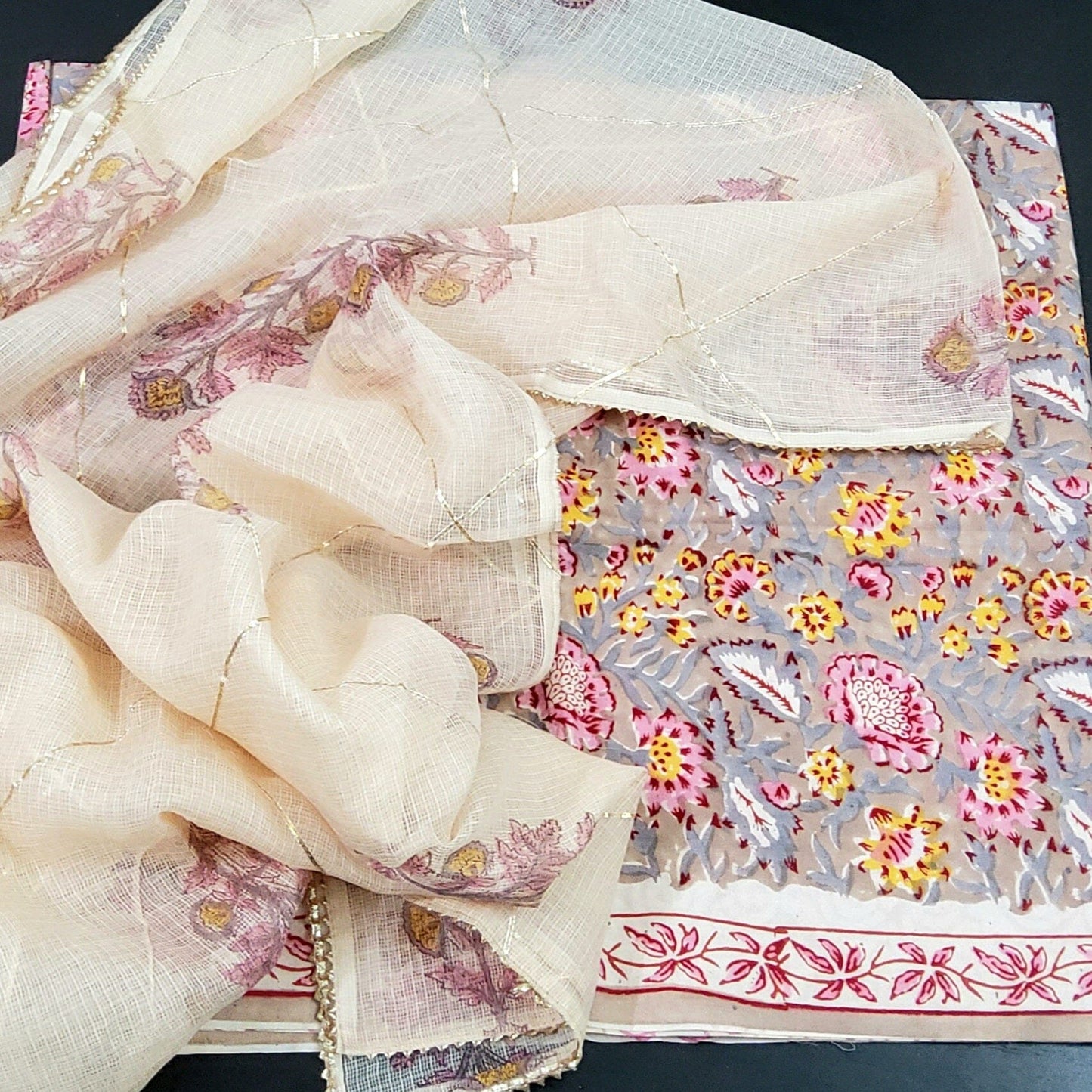 Hand Block Print Cotton Dress Material with Kota Doriya Dupatta