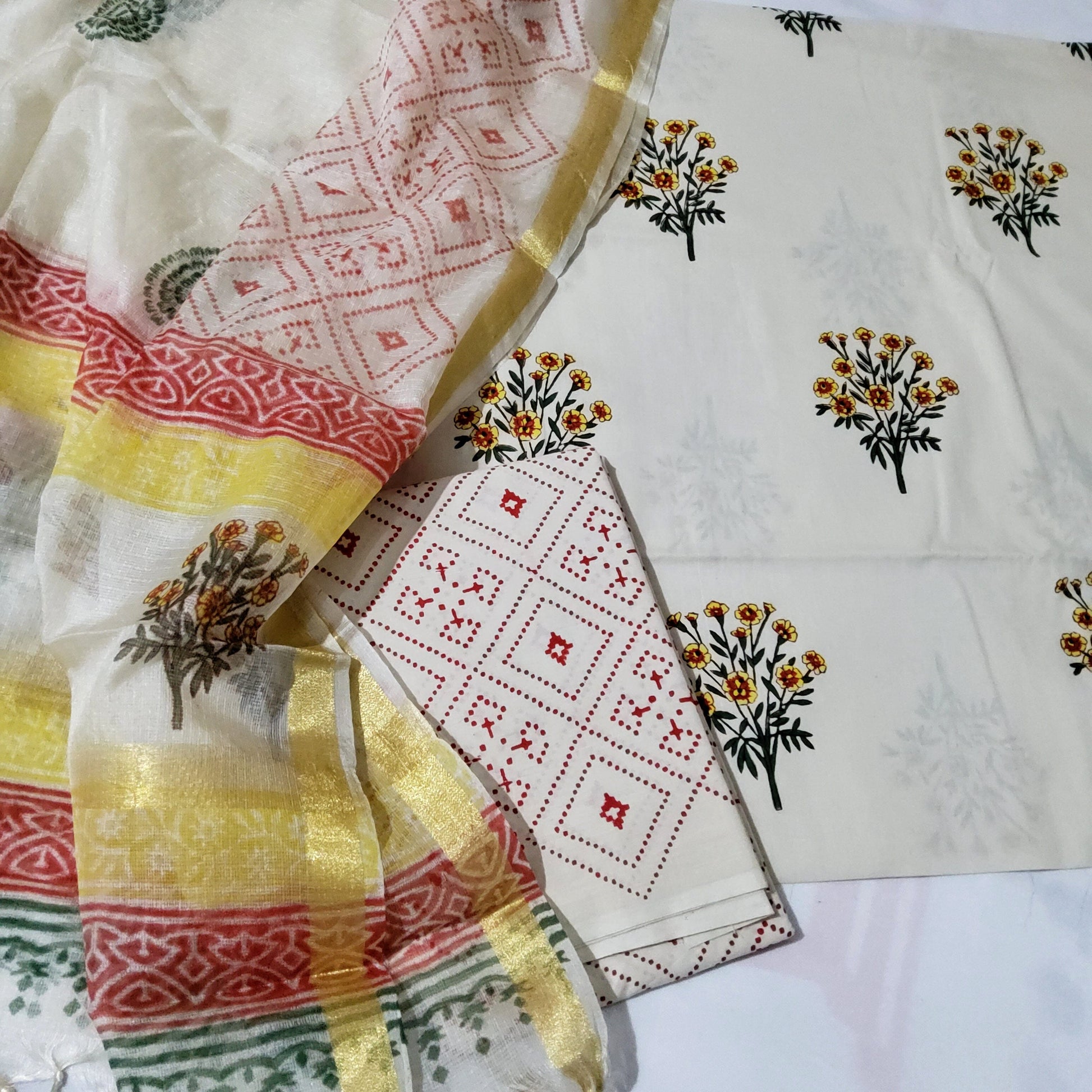 Hand Block Print Cotton Dress Material with Kota Silk Dupatta