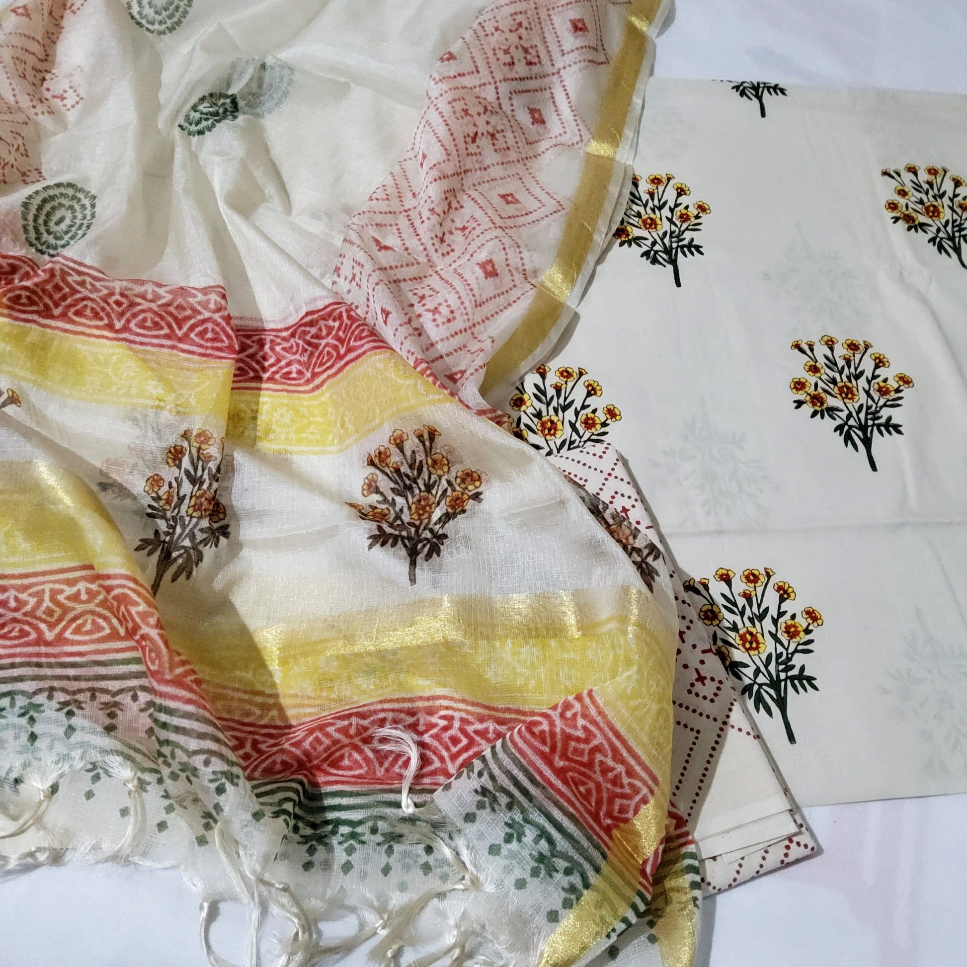 Hand Block Print Cotton Dress Material with Kota Silk Dupatta
