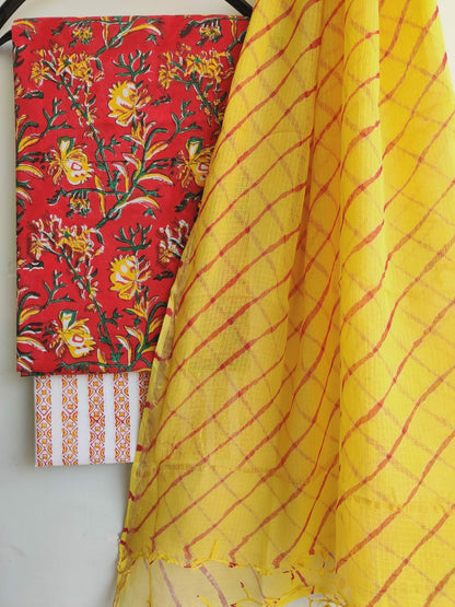 Bagru Printed Cotton Dress Material with Lehariya Kota Dupatta