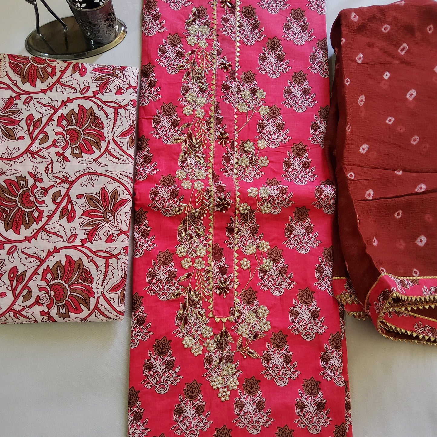 Hand Block Print Cotton Dress Material with Pure Chiffon Dupatta