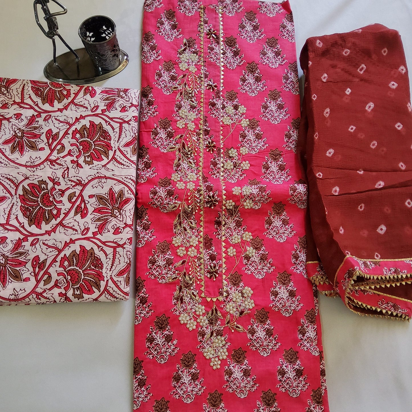 Hand Block Print Cotton Dress Material with Pure Chiffon Dupatta