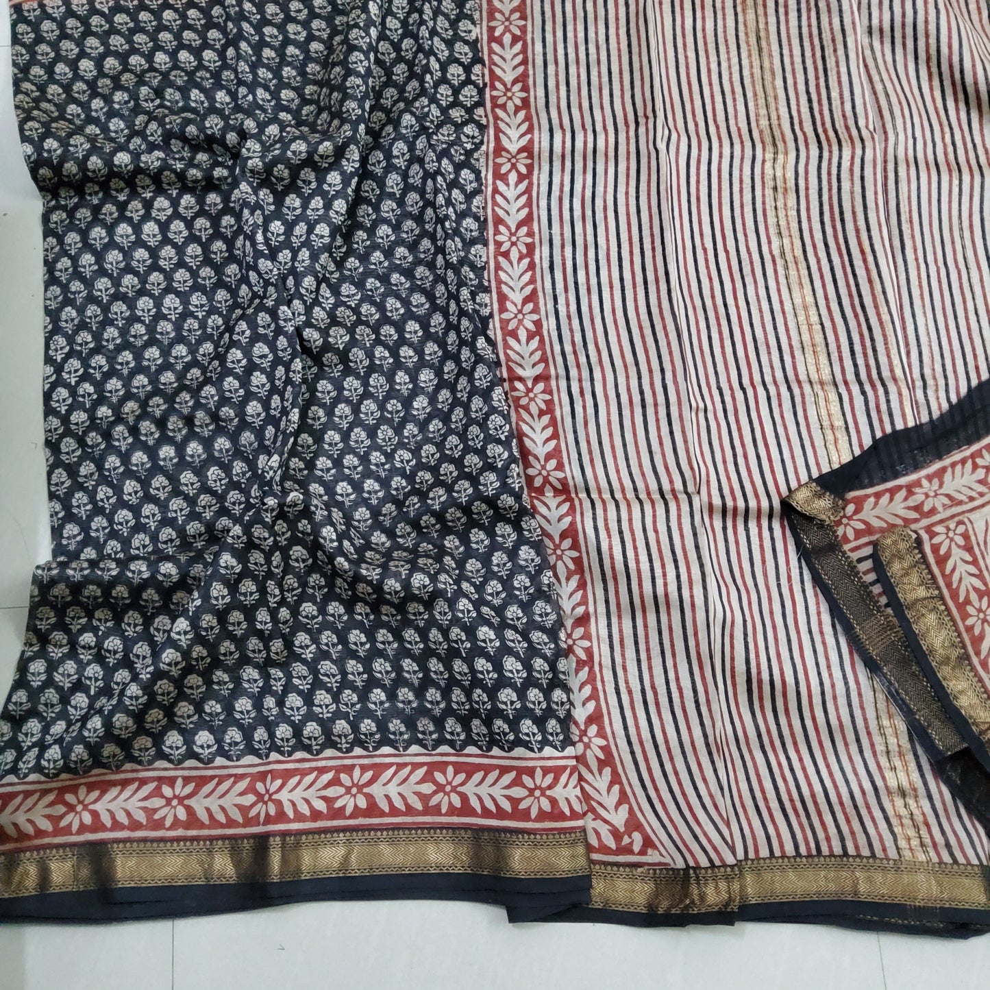 Maheshwari Hand Block Print Silk Cotton Saree with Gold zari Border