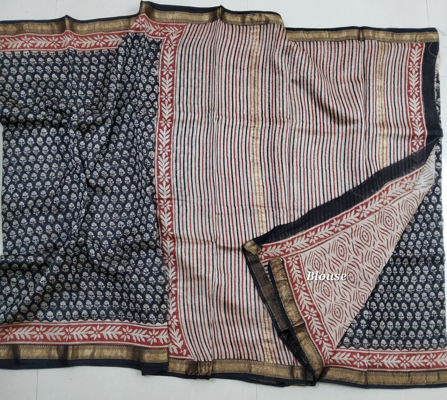 Maheshwari Hand Block Print Silk Cotton Saree with Gold zari Border