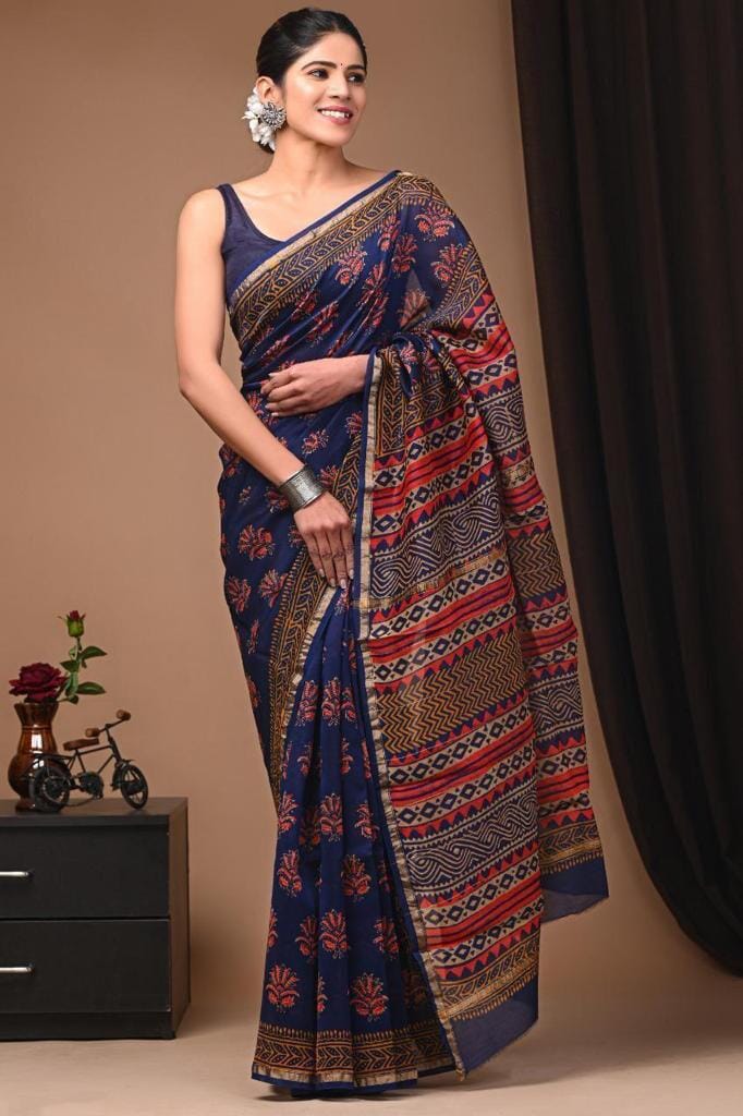 Hand BlockPrint Chanderi Silk Cotton Saree – RKG SHOPPING