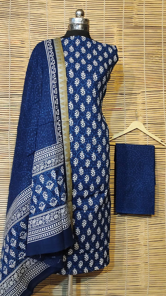 Hand Block Print Cotton Dress Material with Maheshwari border