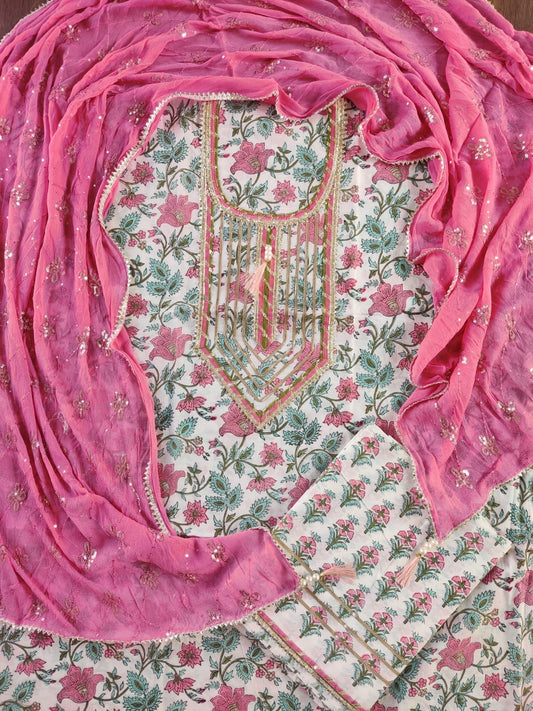 Hand Block Print Cotton Dress Material with Pure Chiffon Embroidered Dupatta