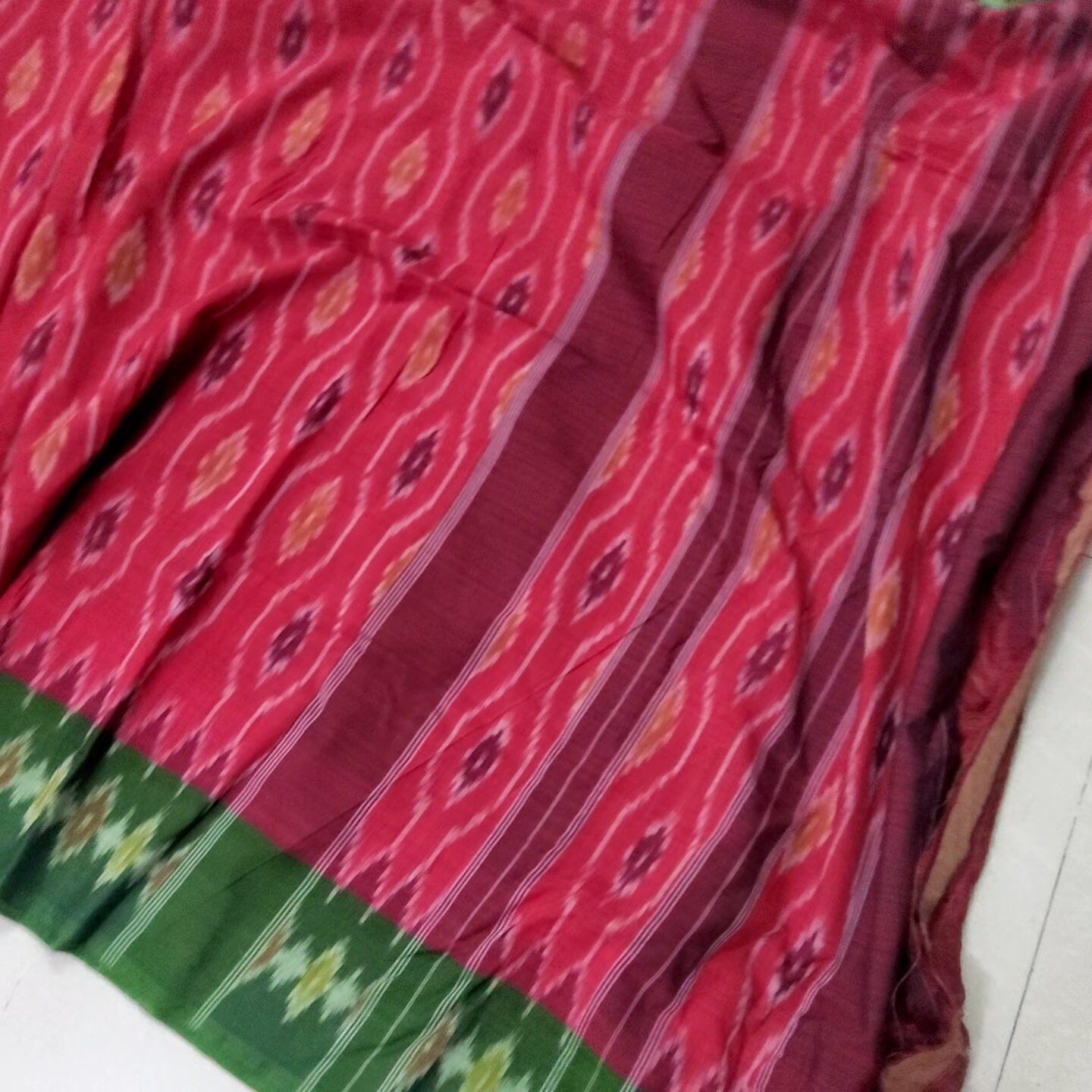 Ikat Red Green Handloom Cotton Saree in SALE