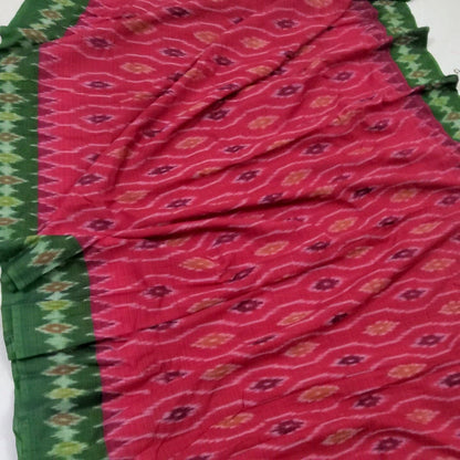 Ikat Red Green Handloom Cotton Saree in SALE