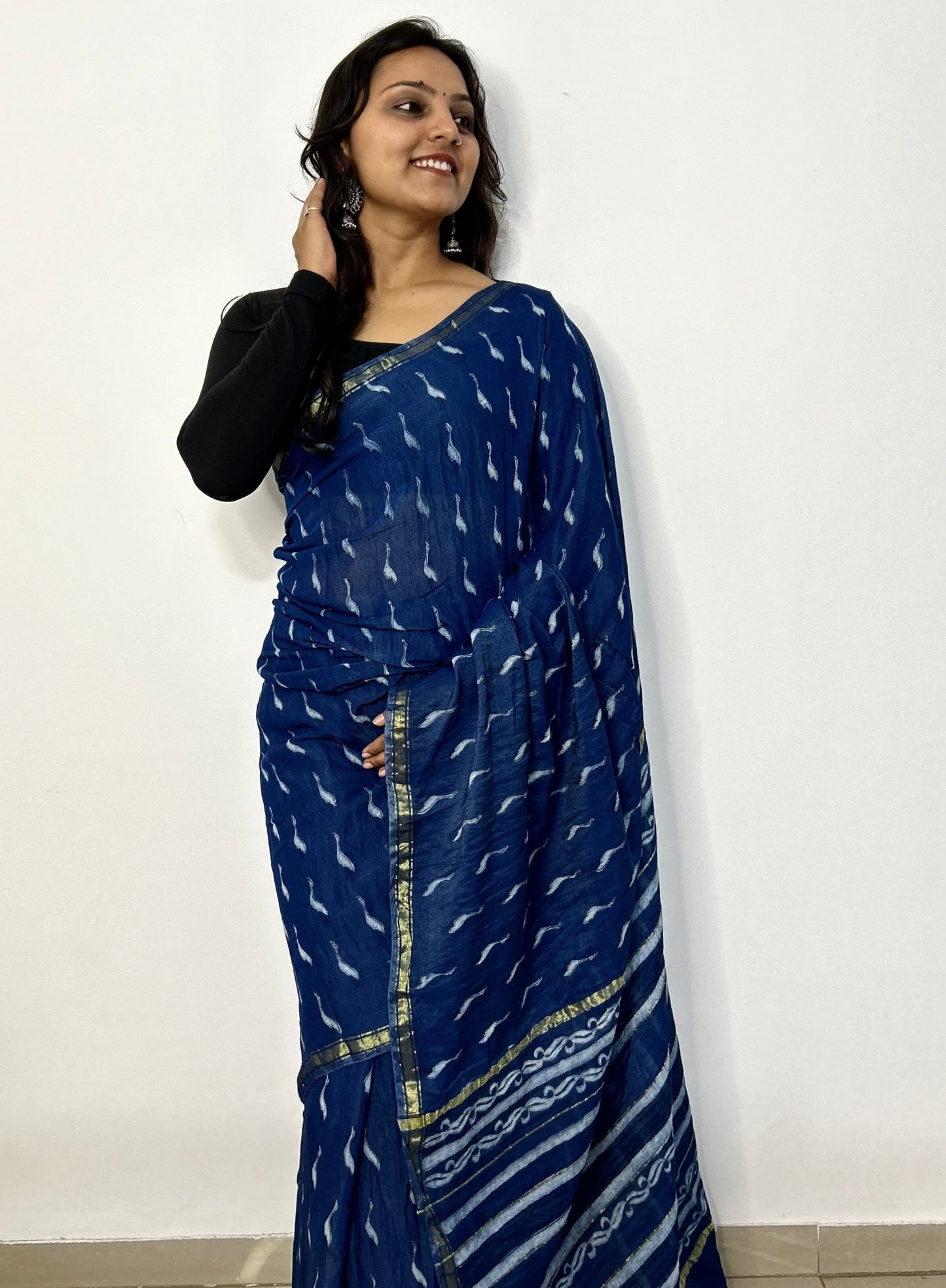 Indigo Akola Hand Block Print Chanderi Saree