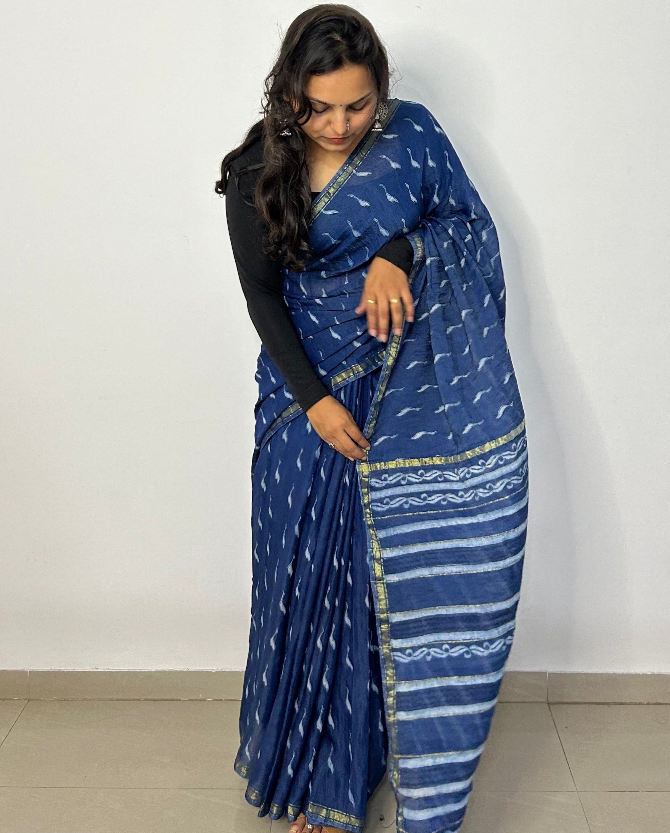 Buy Indigo Blue Cotton Saree online-Karagiri