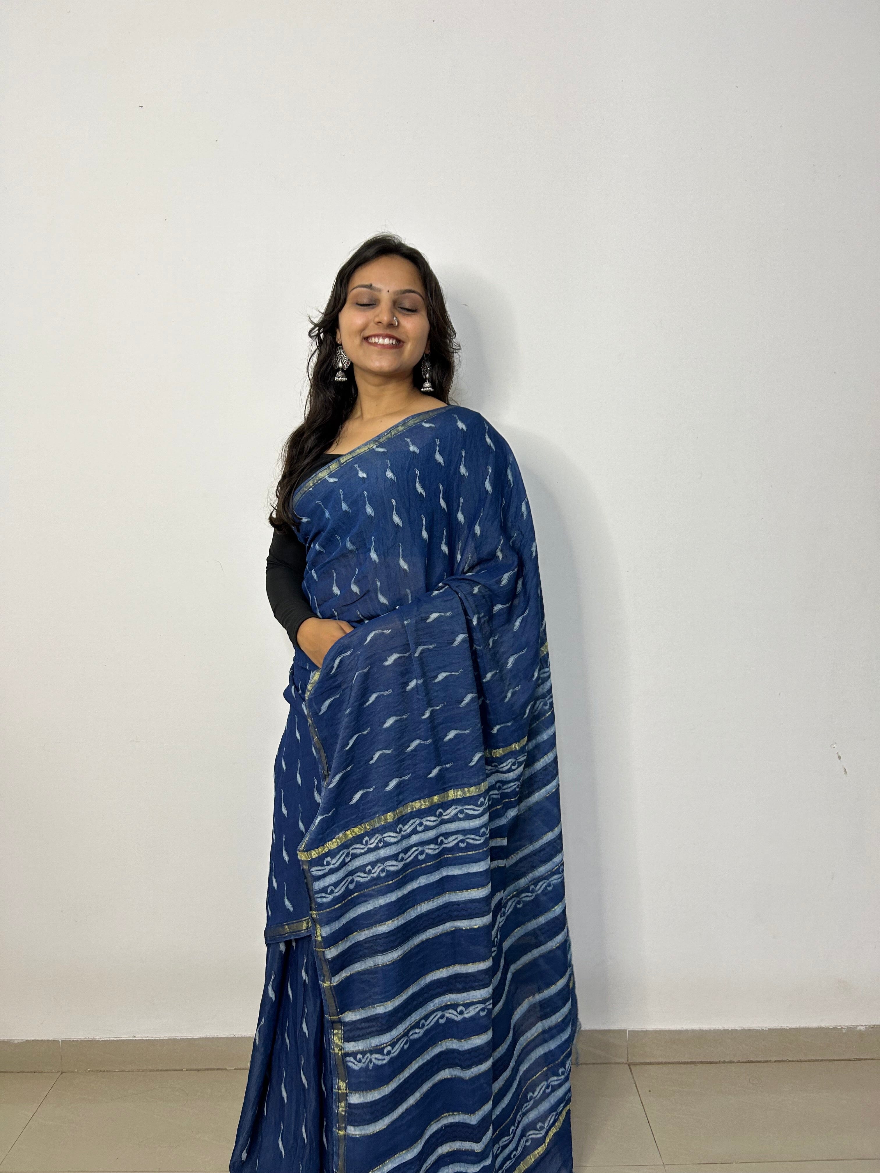 Designer indigo block printed saree with lace border – Sujatra