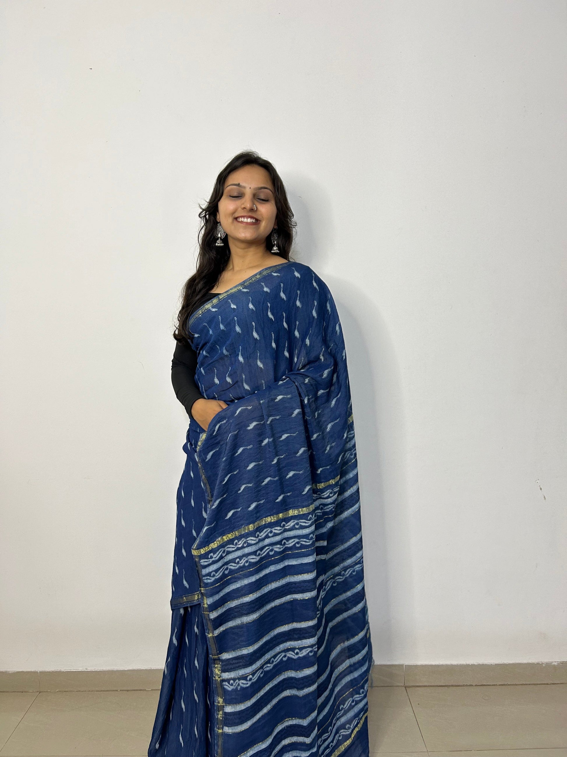 Indigo Akola Hand Block Print Chanderi Saree