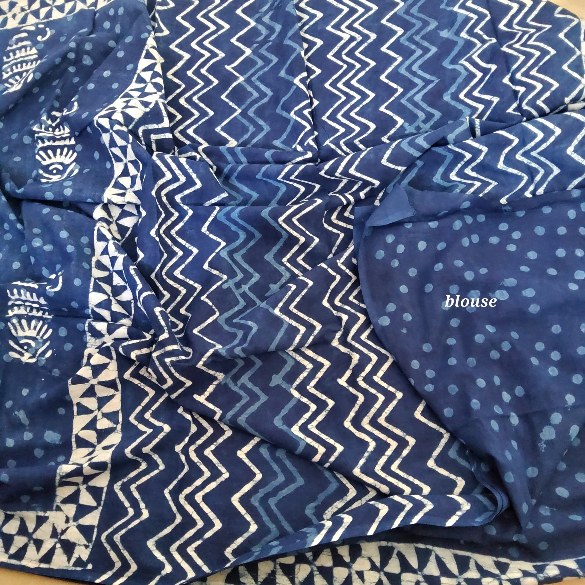 Turquoise & Beige Batik, line Block Print Mul Cotton Saree with Blouse