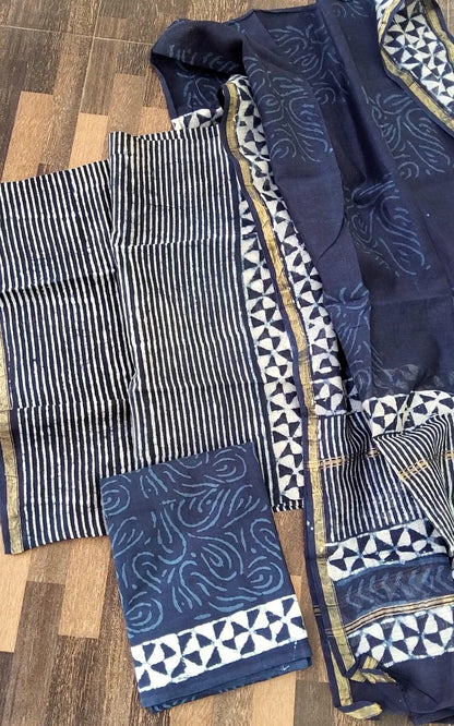 Indigo Chanderi Silk Cotton Dress Material