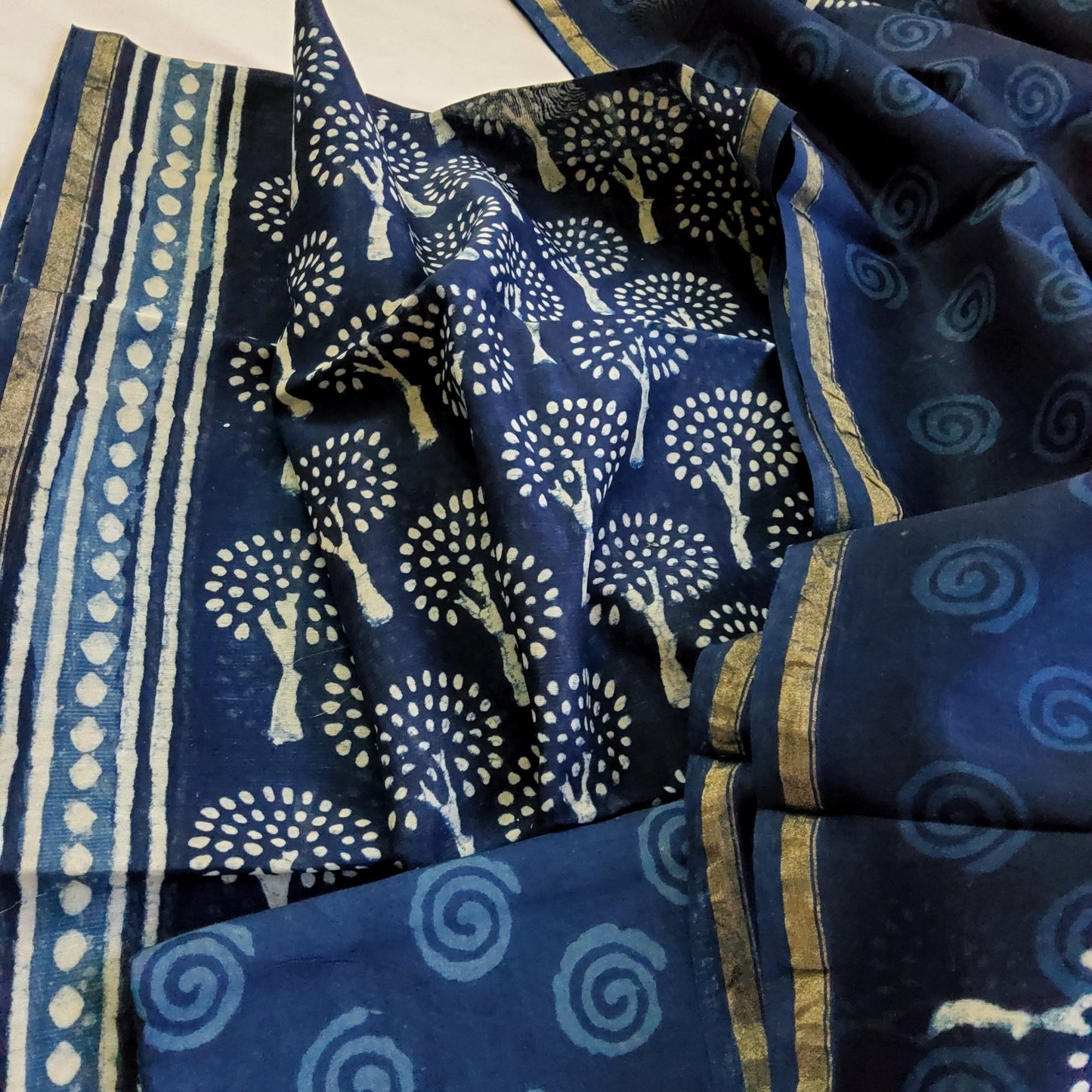 Indigo Chanderi Hand Block Print Dress Material