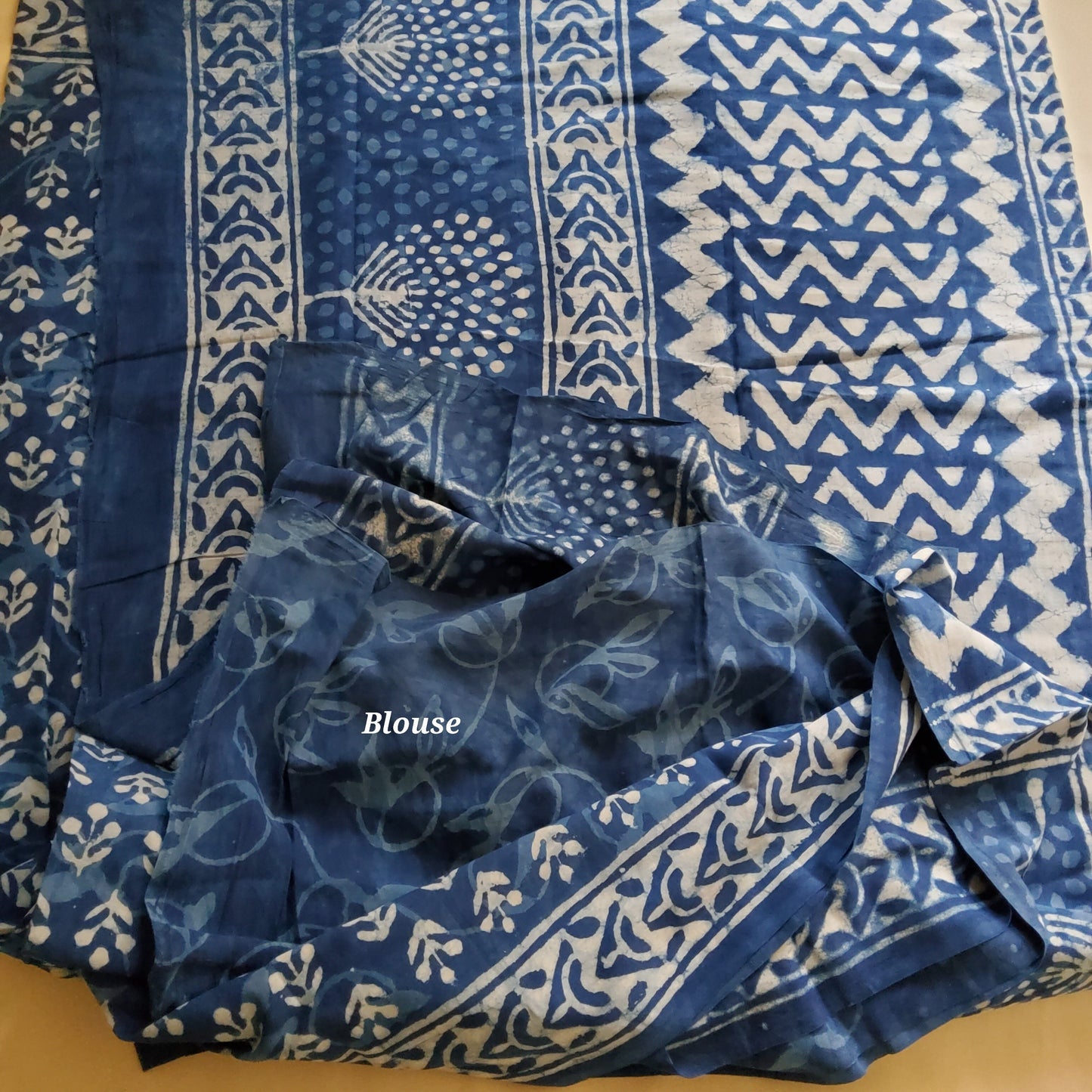 Indigo Cotton Hand Block Print Saree with Blouse