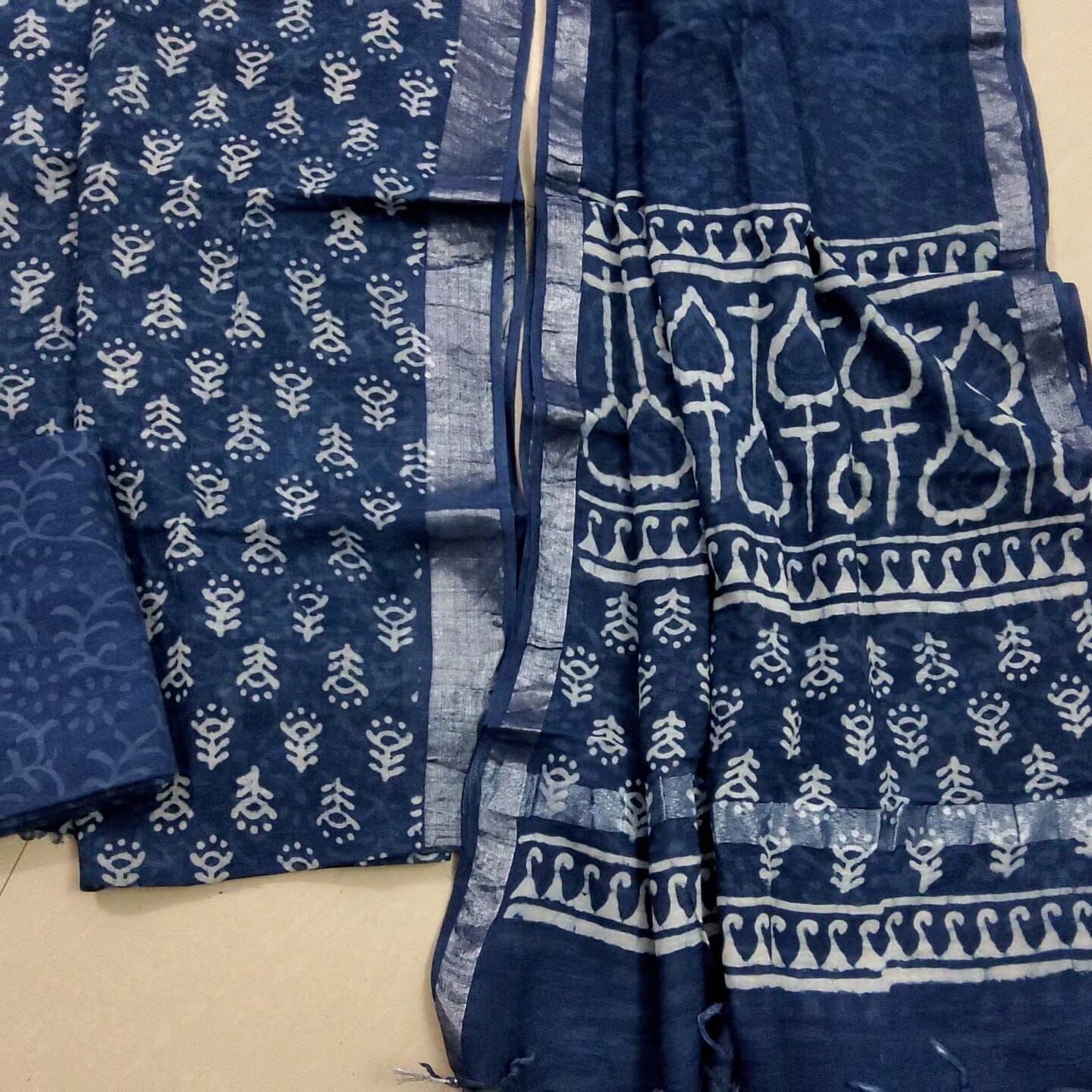 Indigo Hand BlockPrint Linen Cotton Dress Material RKG SHOPPING