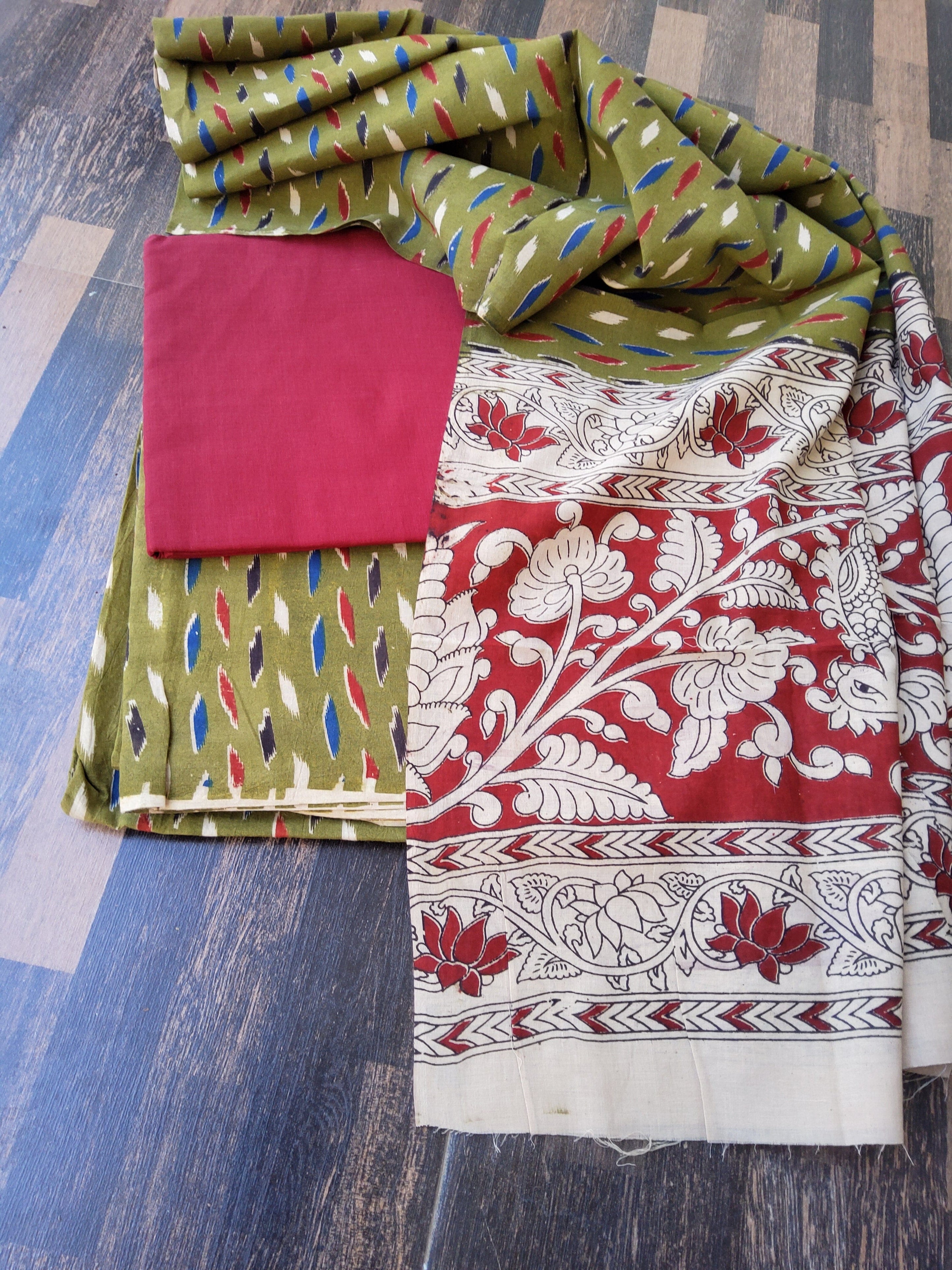 Green - Kalamkari Printed Cotton 2pc Unstitched Dress Material with Earrings 08