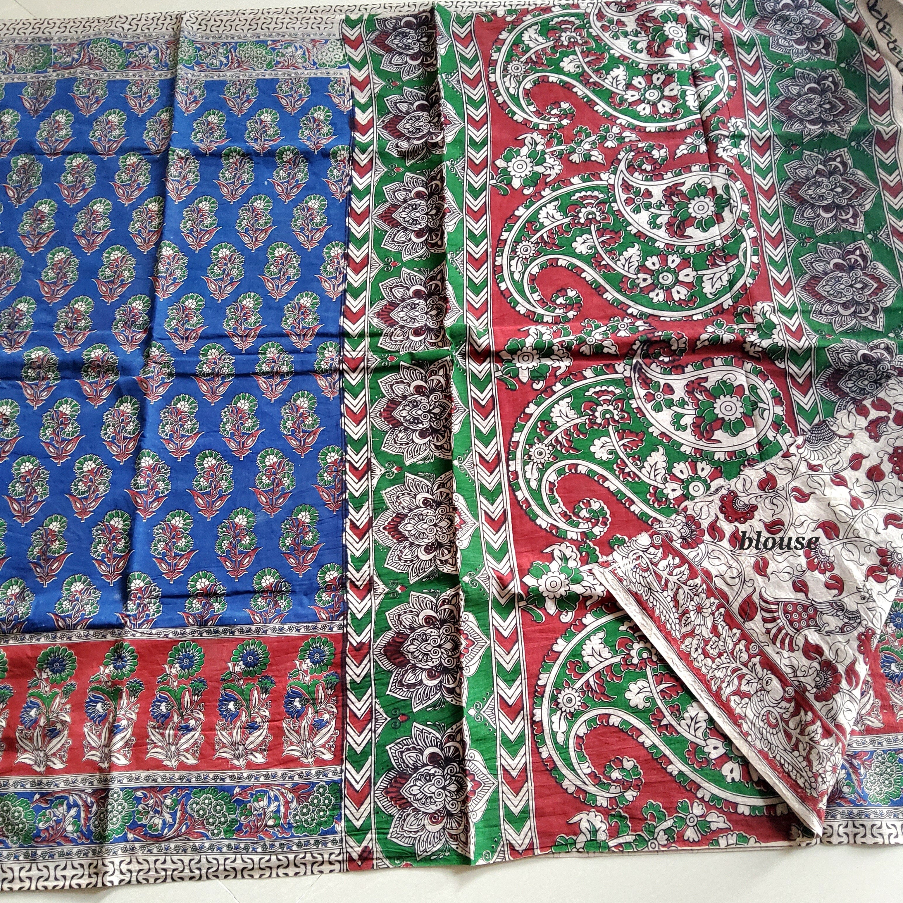 Mul Mul Cotton Bagru Kalamkari Pattern Hand Block Printed Saree | Kishori