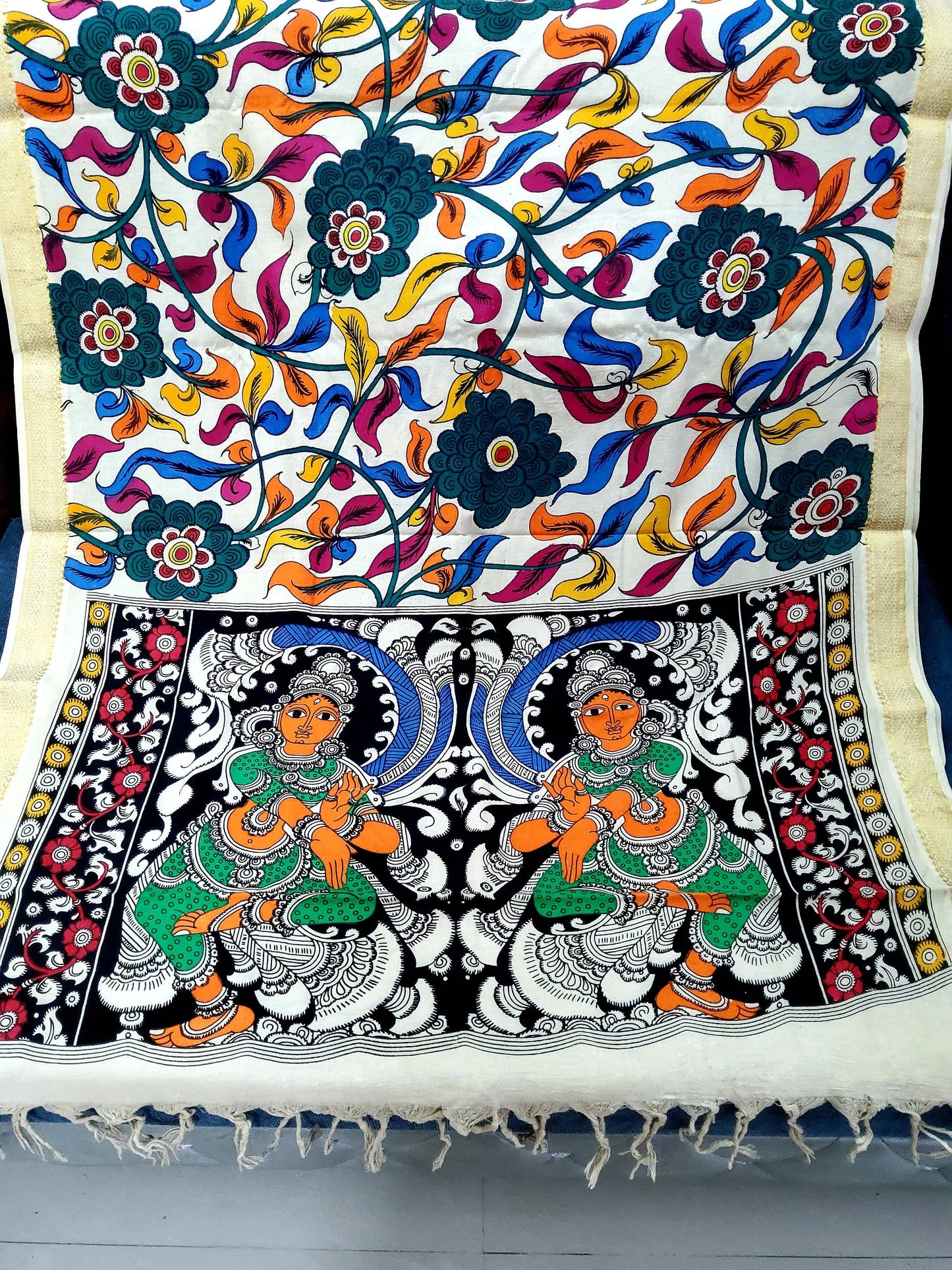Multi Coloured Silk / Cotton Hand Crafted Authentic Kalamkari Hand Painted Dupatta 