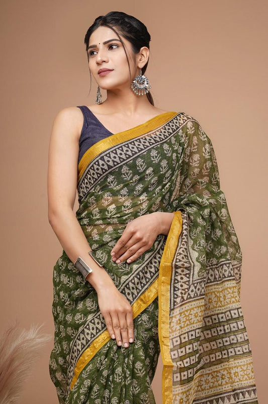 Kota Hand Block Print Saree with zari Border