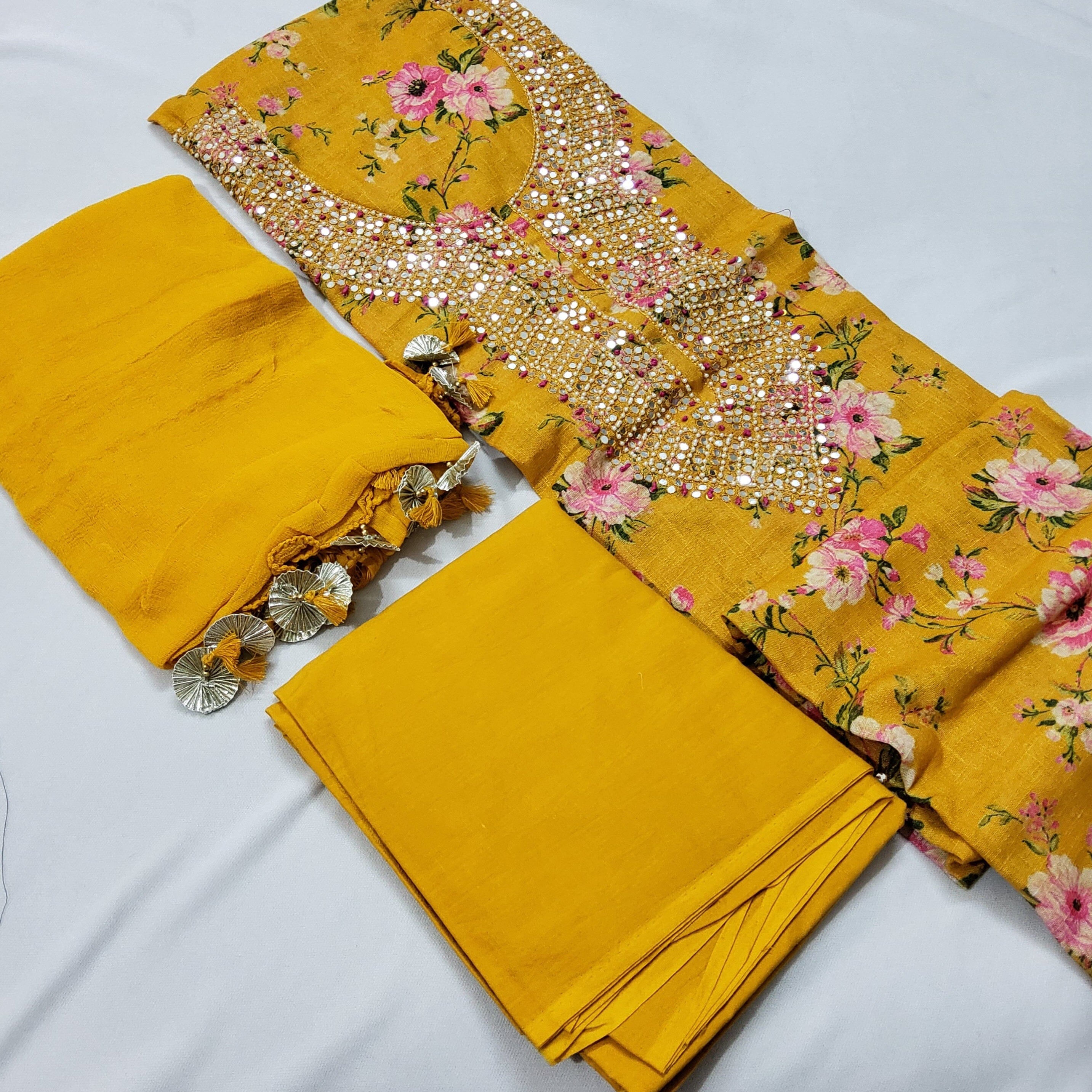 Beige printed cotton straight punjabi salwar suit dress material - Blissta  - 499782