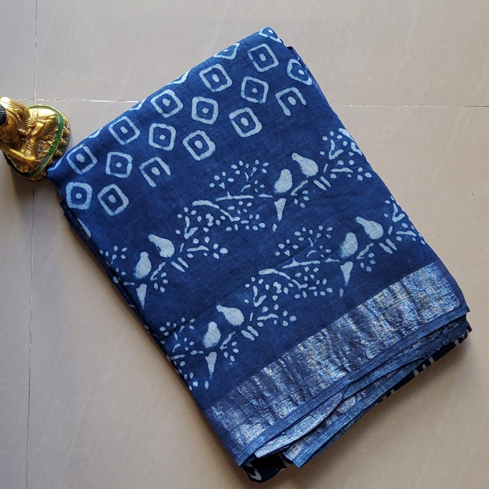 Linen Cotton Hand Block Printed Saree with Silver Border