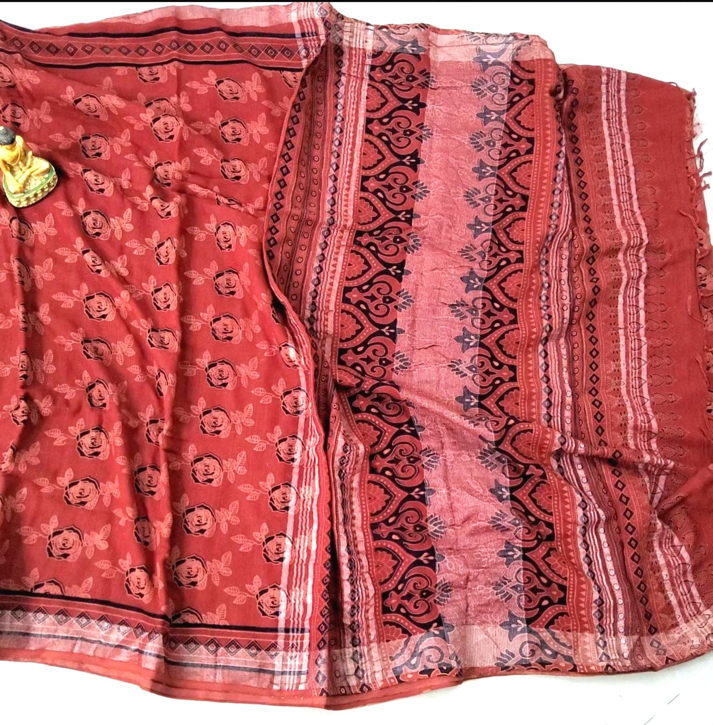 Linen Cotton Hand Block Printed Saree with Silver Border