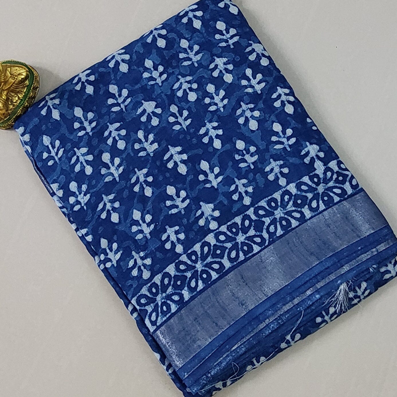 Linen Cotton Hand Block Printed Saree with Silver Border