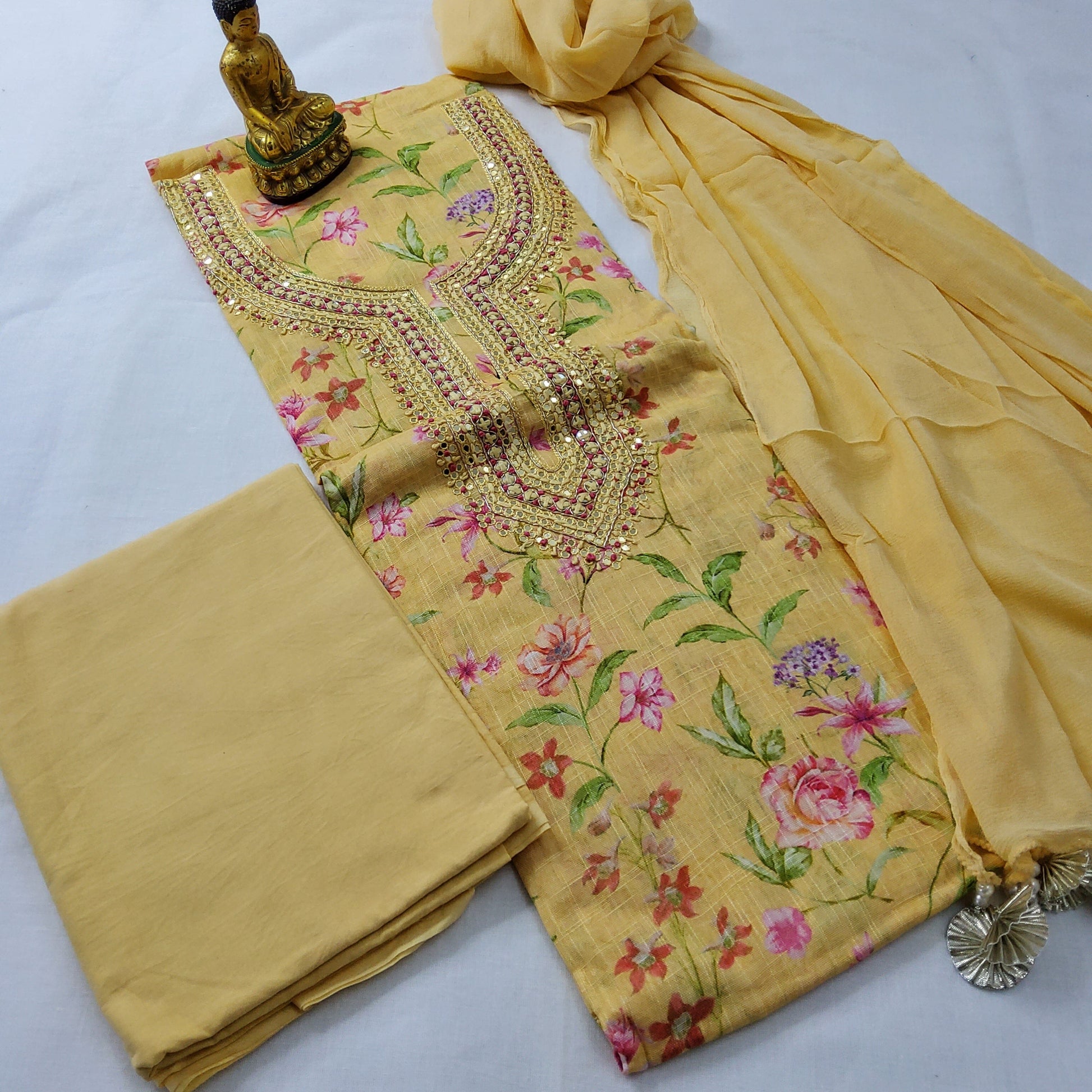 Linen Floral Print Dress Material with handwork