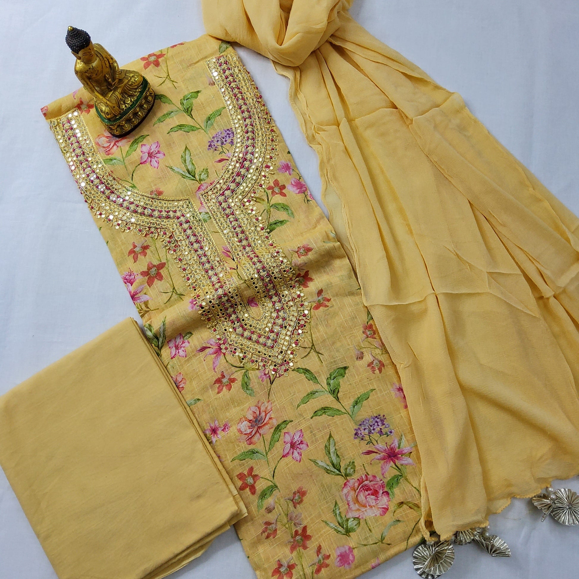 Linen Floral Print Dress Material with handwork