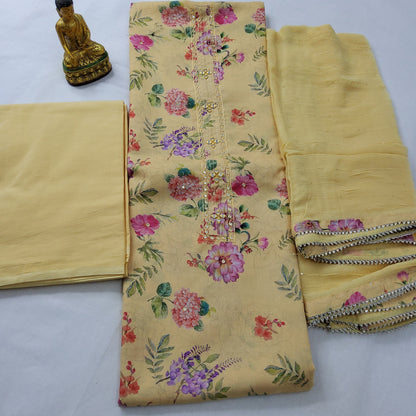 Linen Floral Print Dress Material with handwork