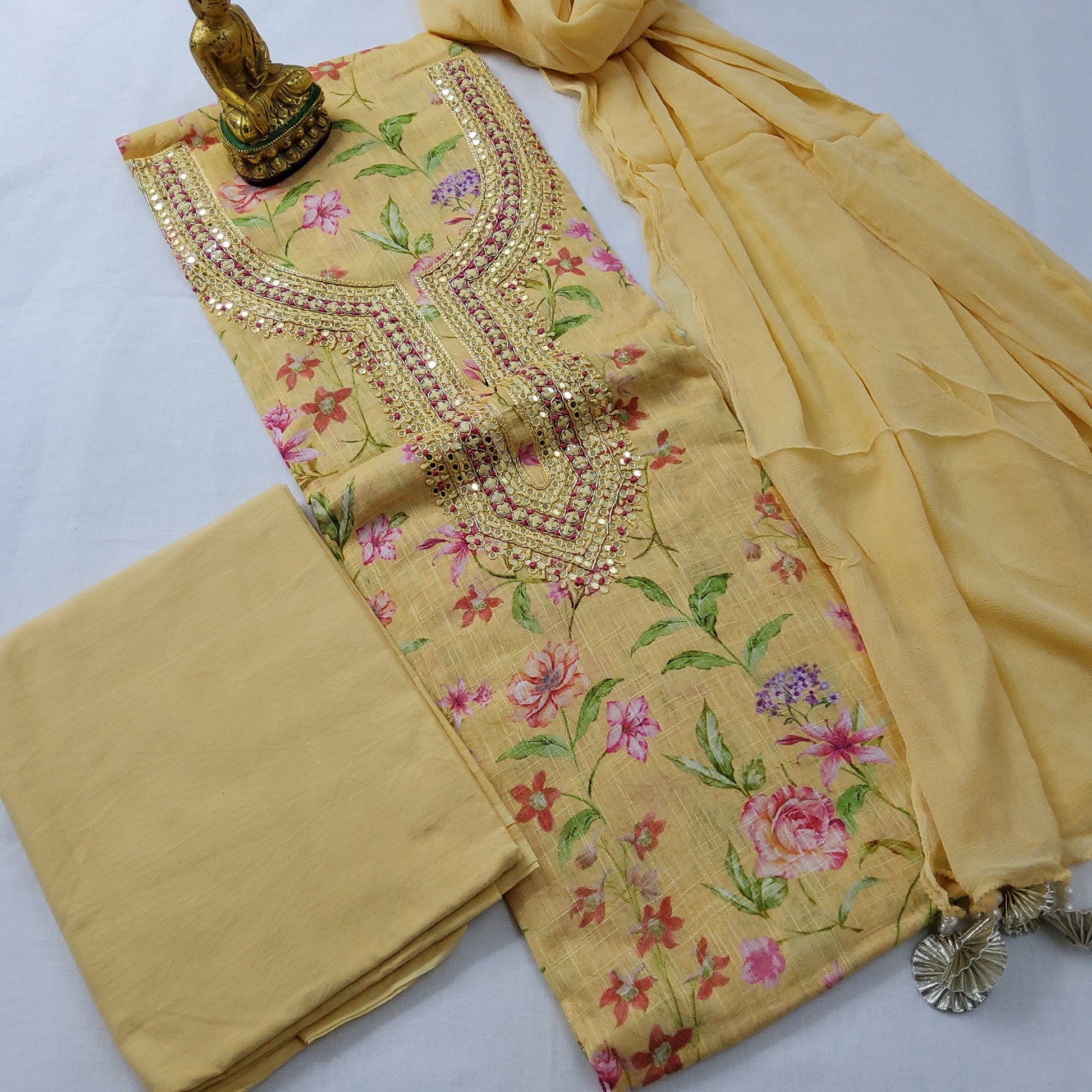 Linen Floral Print Dress Material with handwork