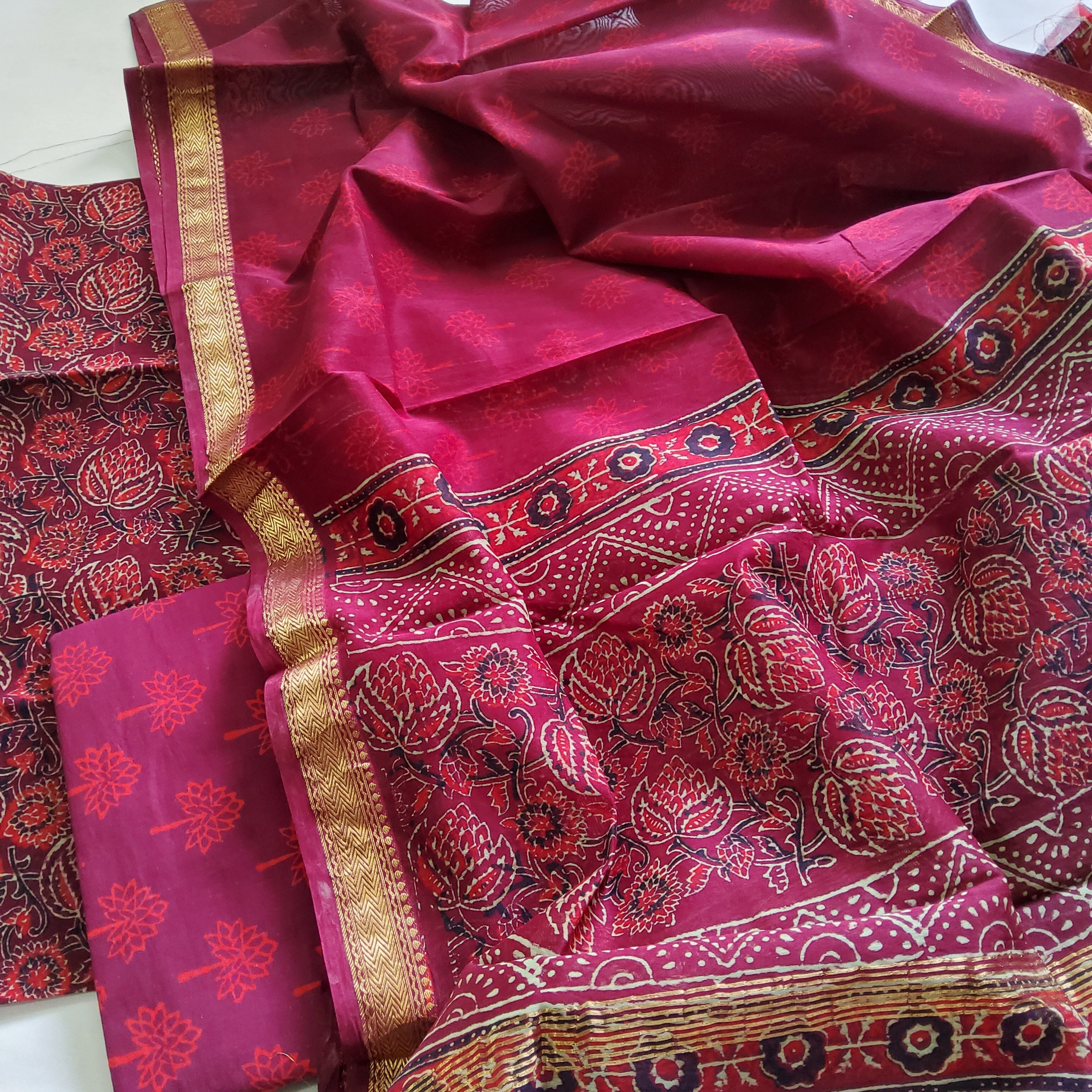 Buy 3pc Sanganeri Block Printed Maheshwari Silk Suit Material Set Online at  iTokri.com by ARTISAN HAND BLOCK PRINTS l iTokri आई.टोकरी