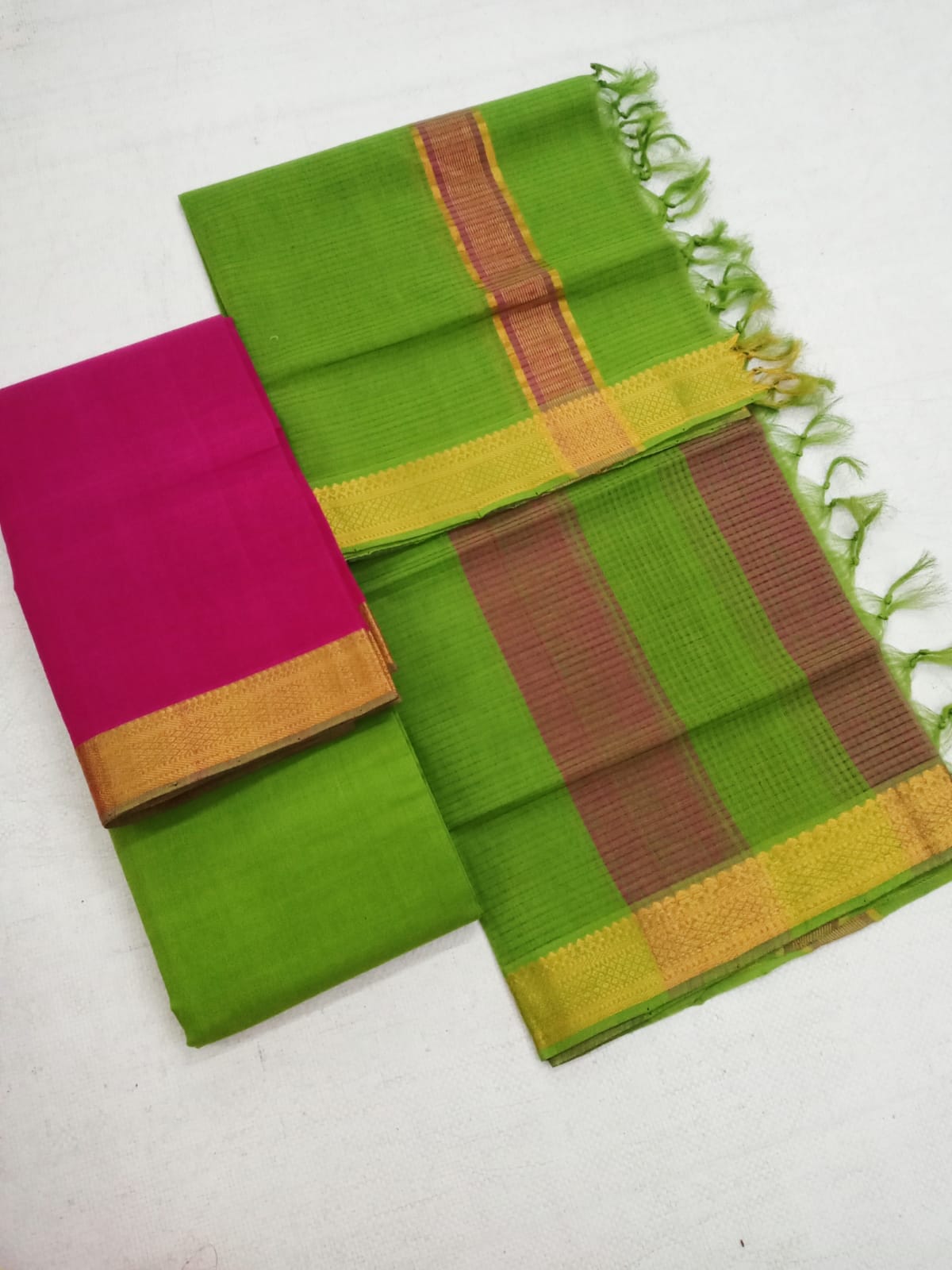 Mangalagiri Green Pattu Plain Dress Materials  (Top+Bottom+Dupatta)-Indiehaat – Indiehaat.com