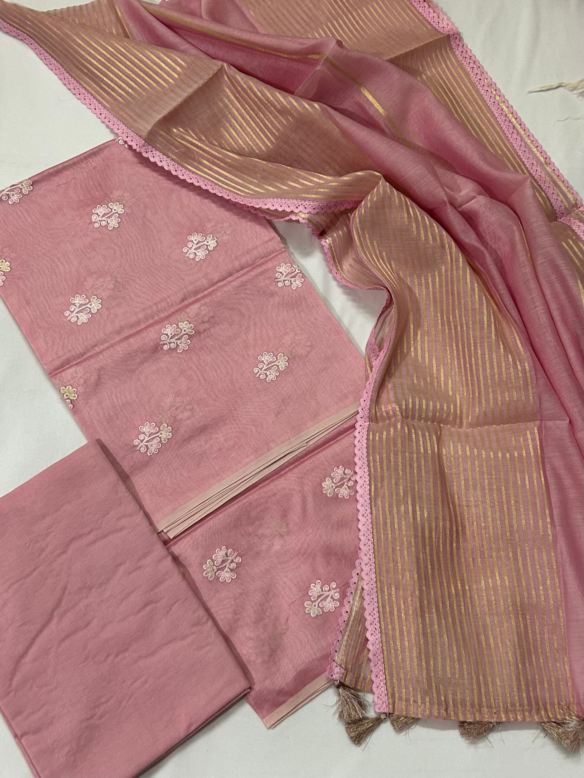 Pink Banarasi Chanderi Silk Embroidered Dress Material